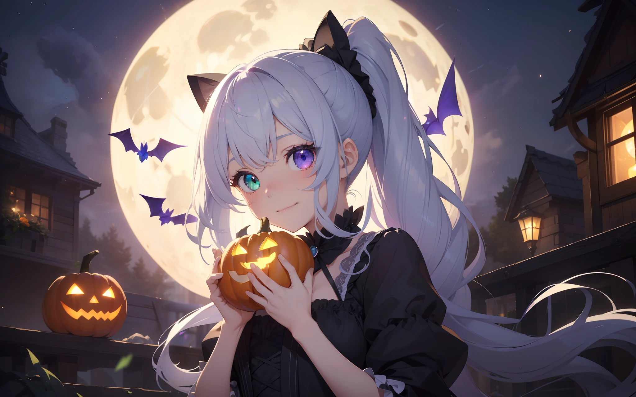 Highest quality、Photorealsitic、The ultra-detailliert、delicate、orderly、High Details、bluish-silver ponytail、(Drooping heterochromia iris:1.4)、Gamine、10yaers old、embarrassed from、a smile、A slender、cowboy shot、blured background、(1 girl in:1.2)、GameCG、dynamic ungle、(Bioluminescent hair、radiant eyes:1.2)、ambient occlusion、ambient lights、ray trace reflection、Glow、glowing aura、Radiant hair、Halloween, jack-o-lanterns, Witch, Night,Large quantities of jack-o'-lanterns, fullmoon、black cat、