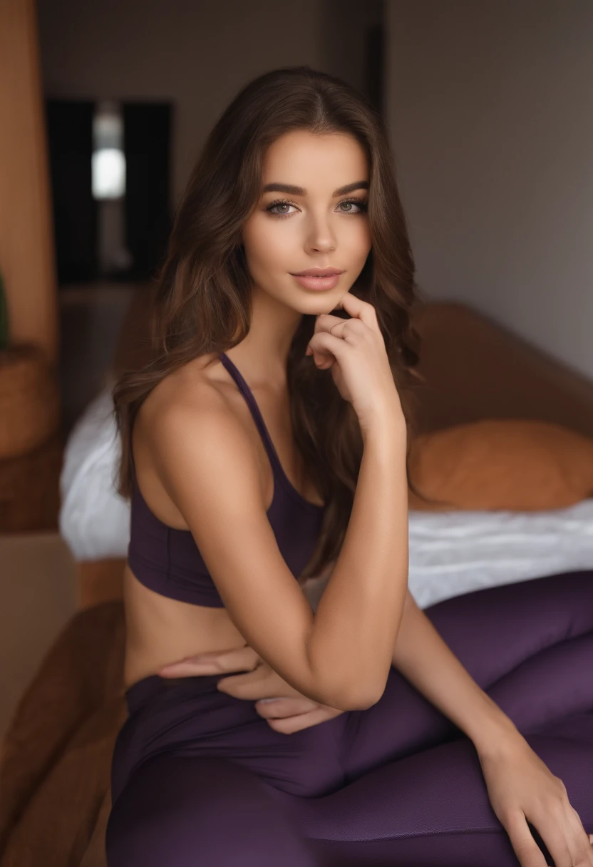 arafed woman with matching tank top and leggings, sexy girl with brown eyes, portrait sophie mudd, brown hair and large eyes, selfie of a young woman, bedroom eyes, violet myers, without makeup, natural makeup, turning to look at the camera, face with artgram, subtle makeup, stunning full body shot, in bedroom, sexy ass, cute butt