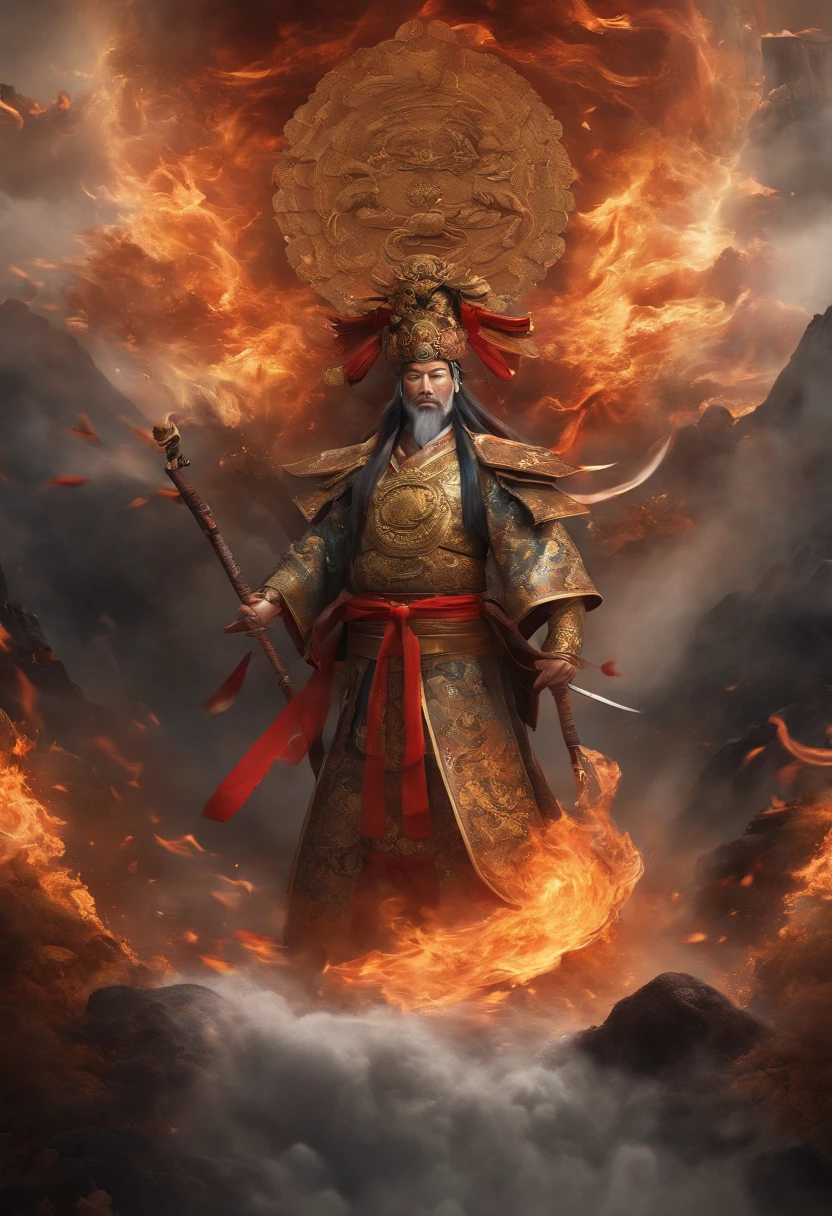 (((Japanese God))) best quality, ultra-high resolution, 4K detailed CG, master piece,KAGUTSUCHI, Man, Japanese clothes, wind, flames, smoke,Japanese mythology, Japan, ((next to camera)), Shui Mo Hua, Chinese painting style, Thangka style, aesthetics, Beautiful image, depth of field, centered image