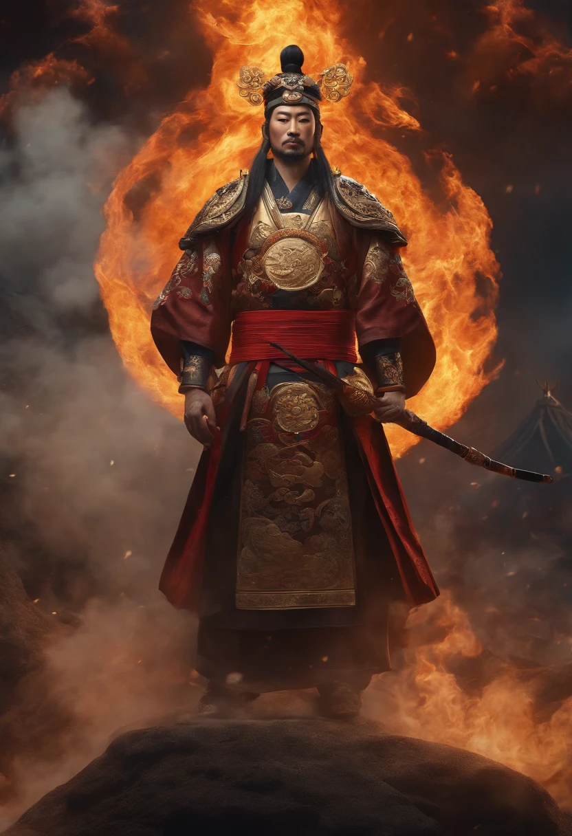 (((Japanese God))) best quality, ultra-high resolution, 4K detailed CG, master piece,KAGUTSUCHI, Man, Japanese clothes, wind, flames, smoke,Japanese mythology, Japan, ((next to camera)), Shui Mo Hua, Chinese painting style, Thangka style, aesthetics, Beautiful image, depth of field, centered image