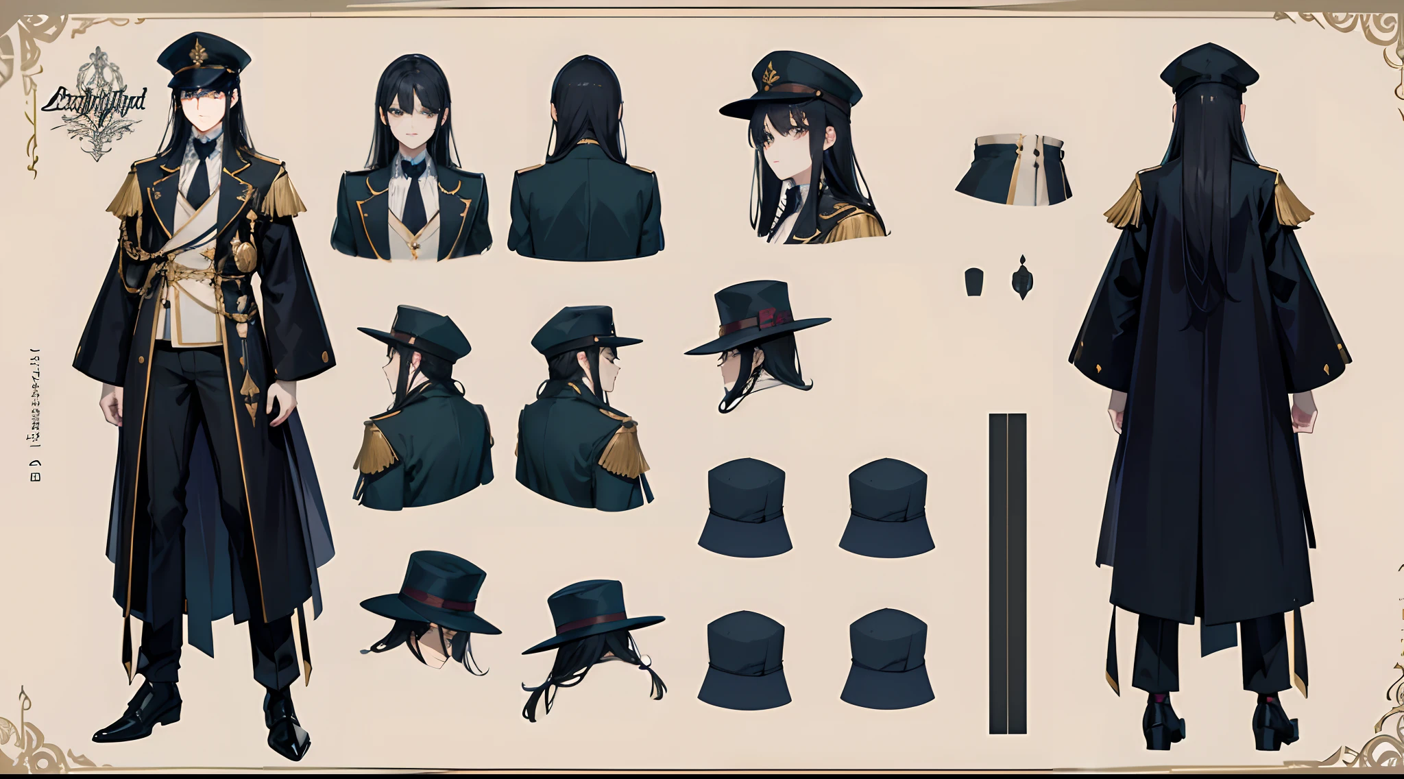 ((tmasterpiece)),(((best qualtiy))),(CharacterDesignSheet,Same role,frontage,Lateral face,on back),1 man,long black hair,grey eyes,tmasterpiece,best qualtiy,looking around a corner,Height 160cm,A detailed,ssmile,long jacket, long black flowing trousers,wearing hat,concept-art,concept art of character,Character sketches,reference sheet,Role table,(simplebackground,white backgrounid: 1.3)
