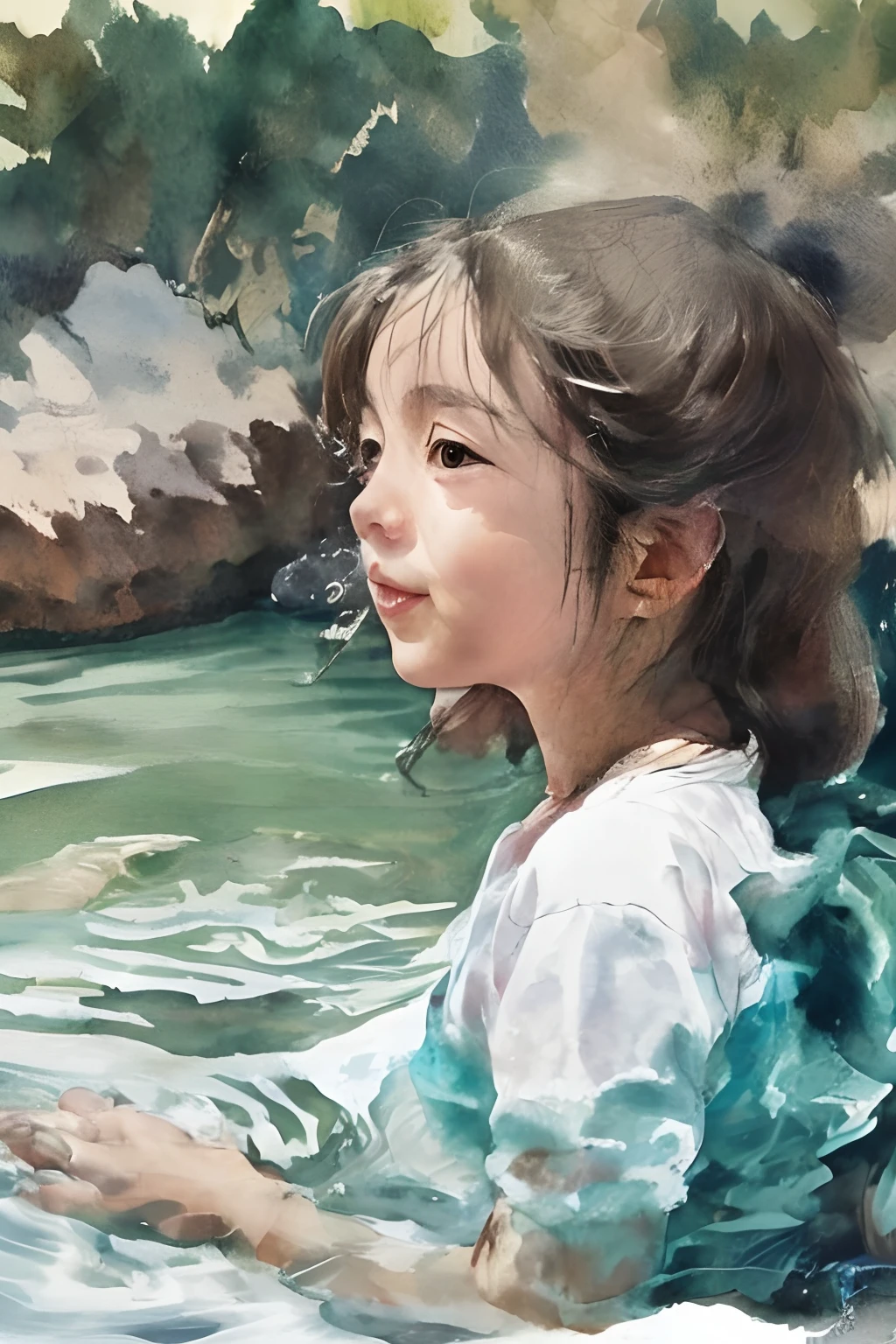 Feathered Pixie,very cute female child,8 yo,Wet and see-through camisole,Playing by the river,Barefoot,Sweat, Summer,day,flat chest,BREAK masterpiece, Best Quality,Ultra-detailed,Wind,Depth,