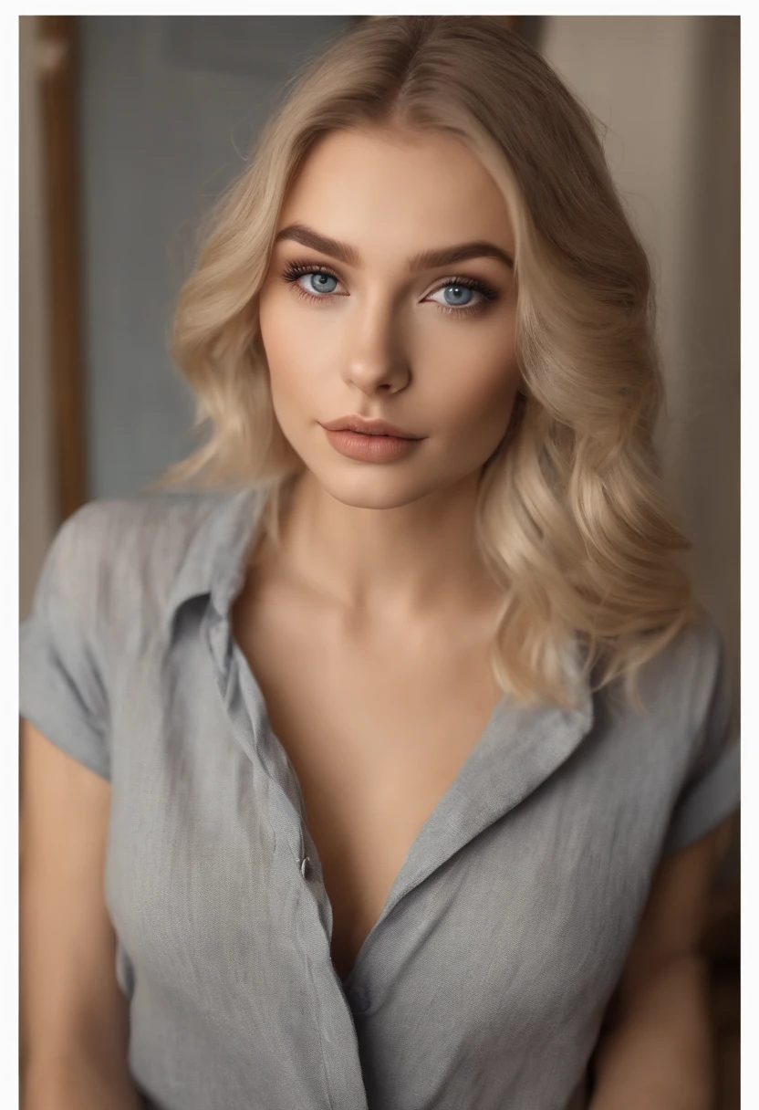 Allard woman completely , Sexy blue-eyed girl, Ultra photo realsisim, detailed meticulous, portrait sophie mudd, blonde hair and large eyes, selfie of a young woman, bedroom eyes, Violet Myers, nomake-up, Natural makeup, look straight at the camera, face with artgram, Subtle makeup, Stunning full-body shot kneeling on bed, in a  bedroom, Medium to large bust; ; ;Naked