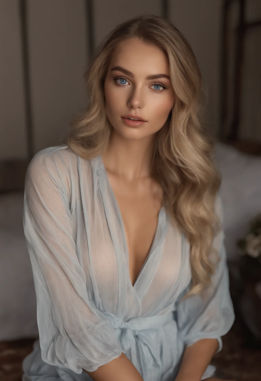 Allard woman completely , Sexy blue-eyed girl, Ultra photo realsisim, detailed meticulous, portrait sophie mudd, blonde hair and large eyes, selfie of a young woman, bedroom eyes, Violet Myers, nomake-up, Natural makeup, look straight at the camera, face with artgram, Subtle makeup, Stunning full-body shot kneeling on bed, in a bedroom, Medium to large bust; ; ;Naked