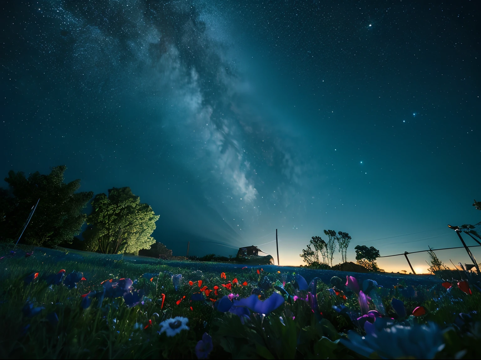 Vast landscape photos , (a view from below that shows sky above and open field below), ( shooting stars:0.9), (a moon:0), (suns:0), (nebulas:1.3), Distant Forest, Tree Break Production Art, (Cold light source:1.2), (Pyrilamp Light:1.2), Very blue and white, intricate detailes, Poppy flower garden, unmanned, Blue poppy, Starry sky in winter, Volumetric Lighting BREAK (Master Parts:1.2), (top-quality), ultra-detailliert, (Dynamic Composite:1.4), ighly detailed, Colorful Detail,( Iridescent colors:1.2), (Bright lighting, Atmospheric illumination), , magia, (Soio:1.2), Dynamic lighting, dual-tone lighting, highly contrast