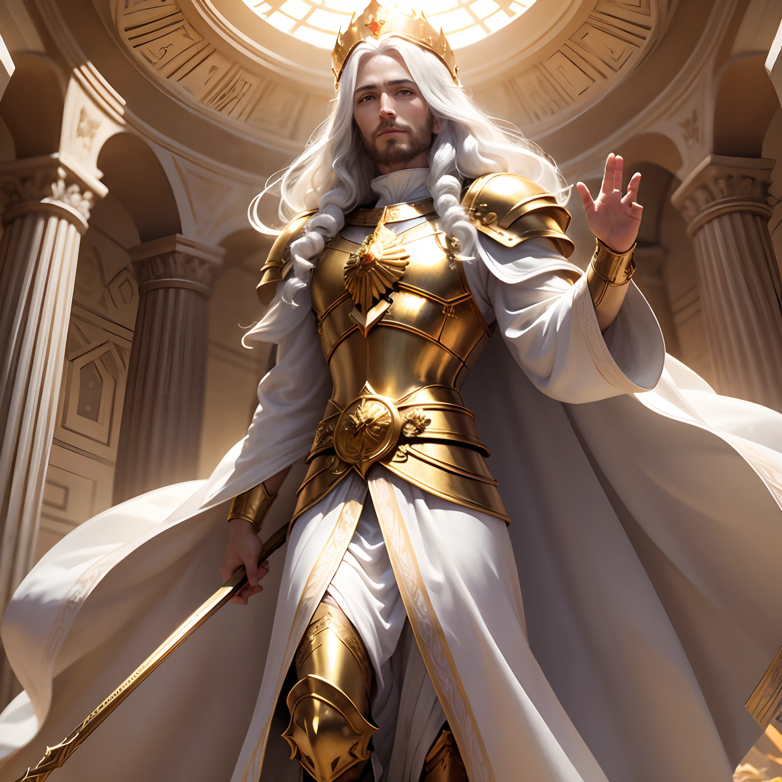 Jesus second coming in the heavens, face like the midday sun, crown, a tunic and a golden breastplate, hair as white as snow, eyes as flames of fire, feet as refined bronze in the furnace, light smile, Surrealism, backlighting, cinematic lighting, high quality, high details, best quality