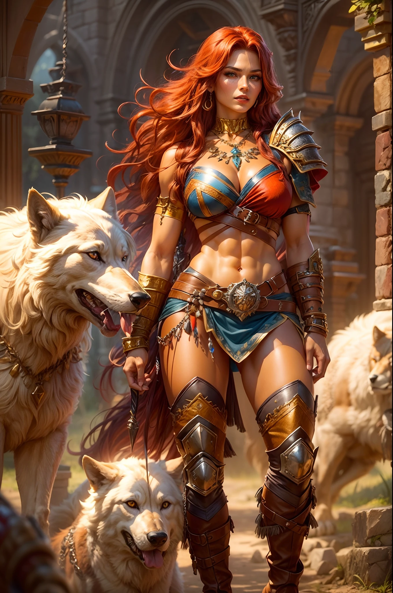 (best quality,ultra-detailed),(realistic:1.37),scene:sexy muscled female barbarian,red long hair,sexy barbarian outfit,six packs,detailed clothes,riding big wolf,scouting plain nearby,medium:oil painting,material:fine canvas,additional details:gorgeous golden accessories,jewelry,leather boots,wolf has piercing blue eyes and sharp teeth,art style:fantasy,colors:rich and vibrant,lighting:soft golden sunlight