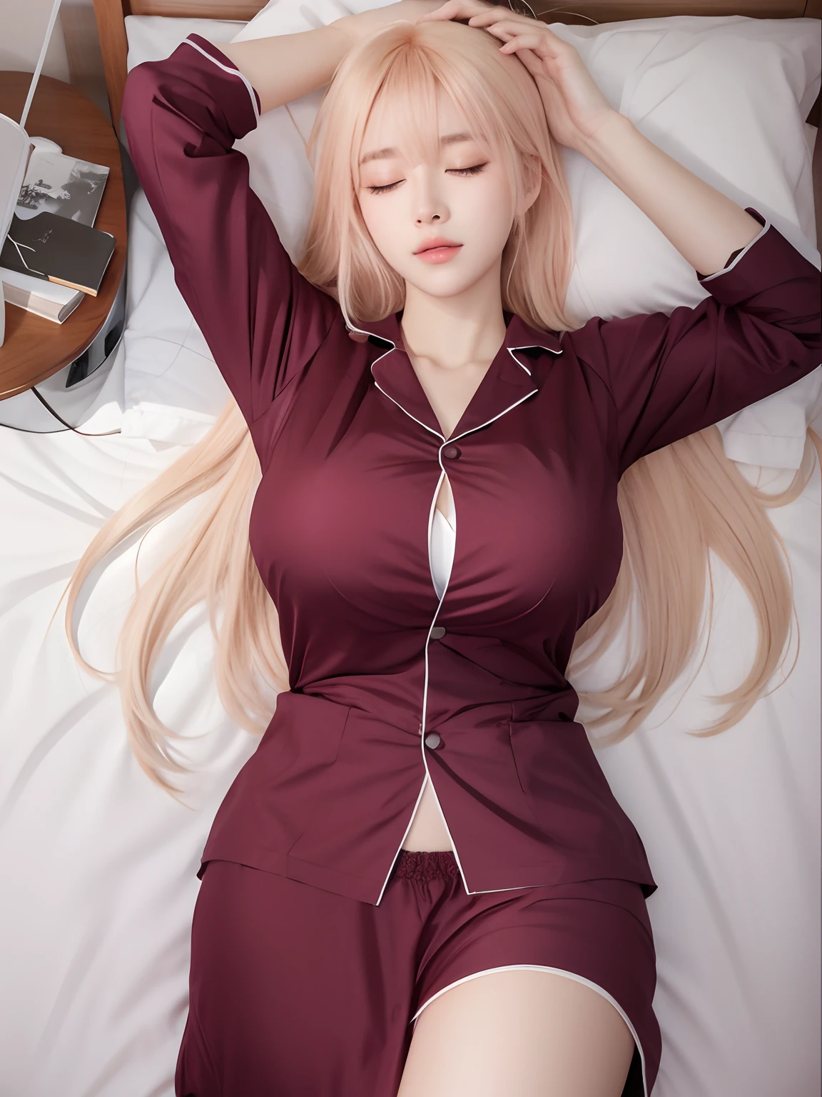 Realistic, 8k, 1girl, long white black ponytail hair, Chinese, heterochromic eyes, moles under the eyes, sex, gstring, thighs, in bed, sleepeng beauty, naked, full naked, deep sleep, eyes closed