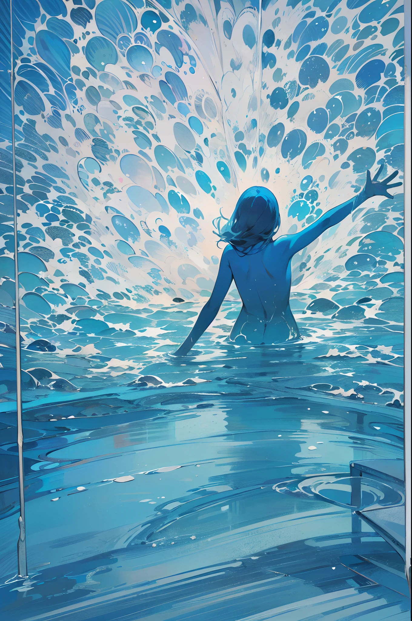 A woman immersed in a blue world. The blue space expands, and she spreads her hands out as if to bathe in the vivid blue world with her whole body. The world of shades of blue is a beautiful scene.(flat tinted artwork)(stylish design )(top quality)(simple)(super flat)(contemporary art)(flat and many margins)