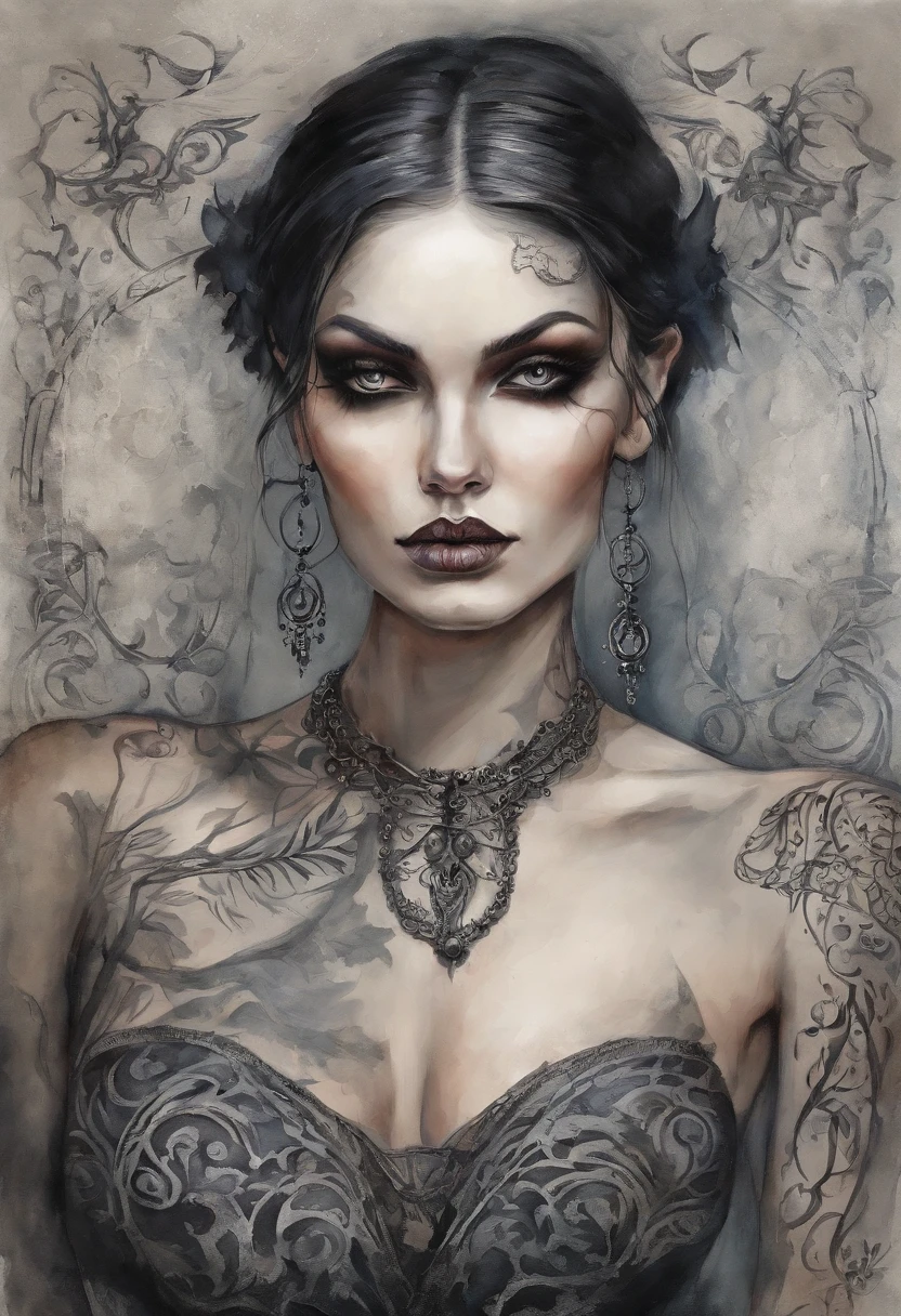 Gothic girl with tattoos and piercings placed in front of the devil, androgynous vampire, Vampire fashion, vampire of clan lasombra, dark fantasy style art, fashionable dark witch, Gothic aesthetics, dark vampire, Vampire girl, seductive cyberpunk dark fantasy, dark fantasy mixed with realism, dark art style, fantasy dark art, dark fantasy style, by Yang J