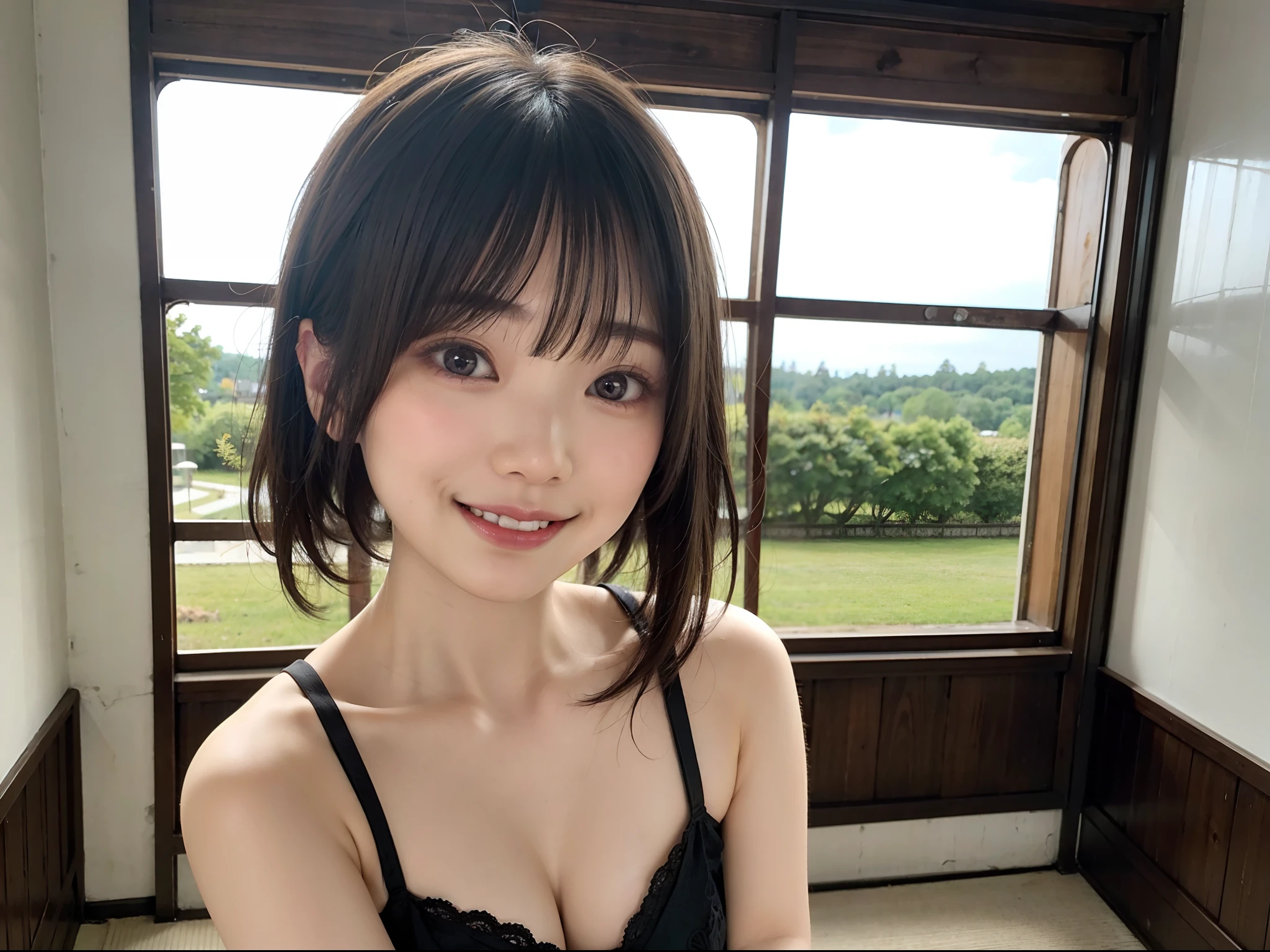Japan girl in underwear at home、looking at the viewers、Changing clothes(top-quality、masterpiece)))、hight resolution、ighly detailed、masterpiece、电影灯光、(8K、top-quality、masterpiece:1.2)、(realisitic、Photorealsitic:1.37) Hi-Res、The ultra-detailliert、1girl in 、Woman with glasses、asian human, cute little, cute face, 独奏, Short hair 1.2, Textured skin, beautiful smiling face, ,电影灯光, depth of fields, Lens flare light、Dating、(blush nose)、(A smile:1.15)、(Mouth closed)tiny chest、beautiful finely detailed eyes、(shorth hair:1.2)、Floating hair Nova frog style、