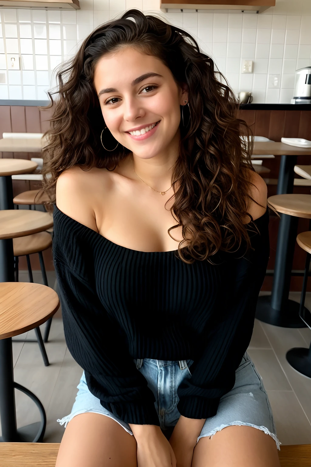 fille aux, cheveux bruns, Cheveux longs, yeux noirs, Happy sitting in a café, curly hair, 24 ans, Magnifique, looking into camera, Realstic, sourire:0.8, re sharpness:1.3, seins de taille moyenne, Long-sleeved top, cozy coffee, Detailed ceramic coffee cup, 8k realistic