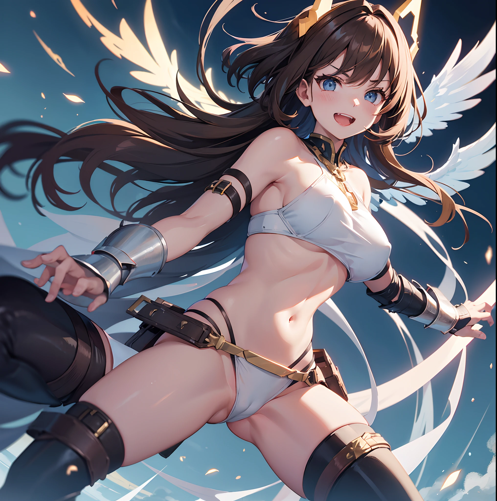 fantasy, 1angel_girl, loli,bwn_hair, medium_bob_hair, long_bangs, halo,bare_shoulder,thighhighs,silver_armor, waist_armor, large_breasts,angry,grinning,open_mouth,teeth, 1pair_wings, dynamic_pose_fighting,floating, bare_crotch, headgear,gauntlet, greaves,city_sky_background,spread_legs, solo, groin_naked