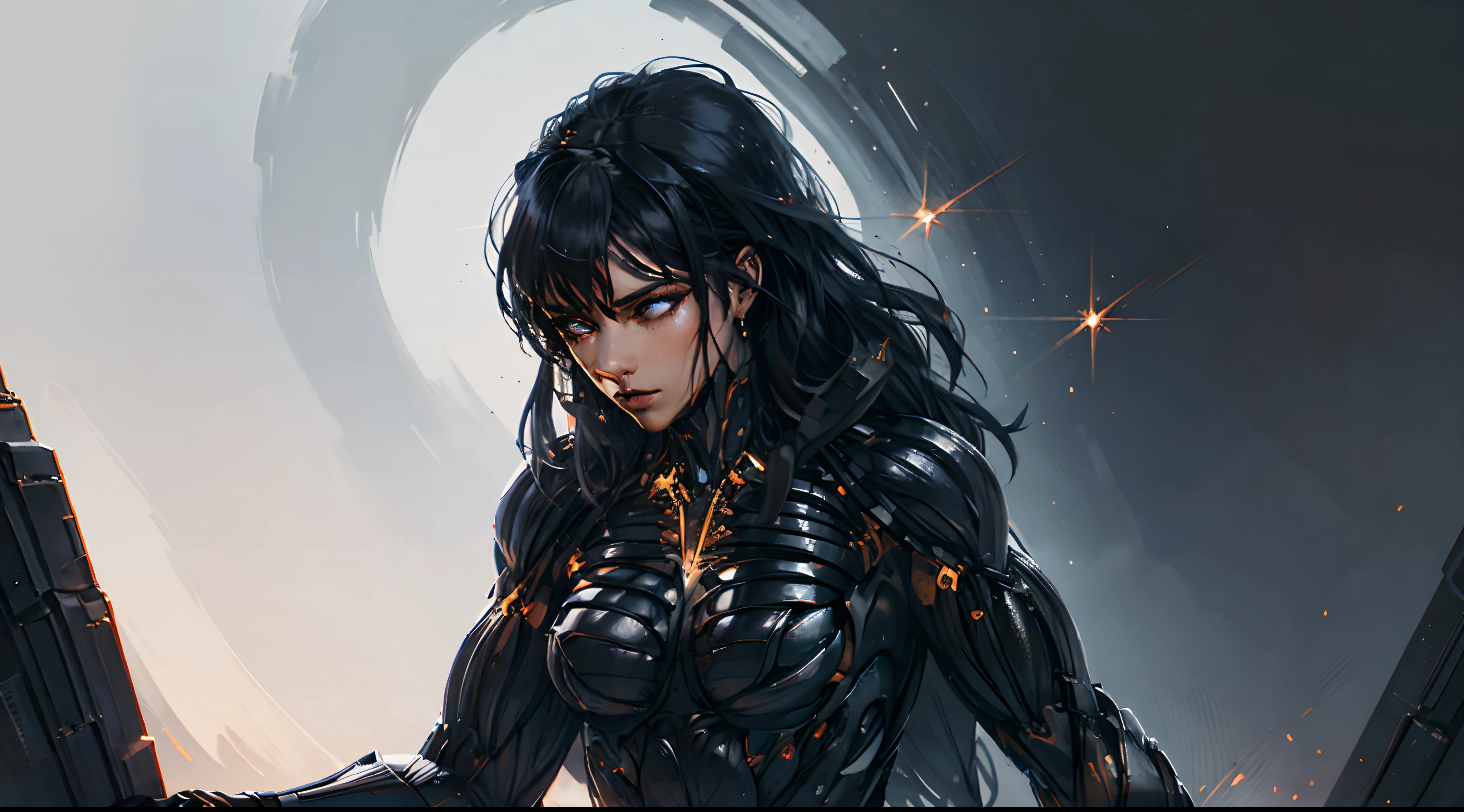 official art, unity 8k wallpaper, ultra detailed, masterpiece, best quality, 1 woman, (extremely detailed), dynamic angle, Mysterious expression, fire sparkle effect, fantasy background, rim lighting, side lighting, cinematic light, ultra high res, 8k uhd, film grain,best shadow, delicate, RAW, light particles, detailed skin texture, detailed armor texture, detailed face, intricate details, ultra detailed, bright,  (realistic), ((black hair)), very glowing blue eyes, curvy