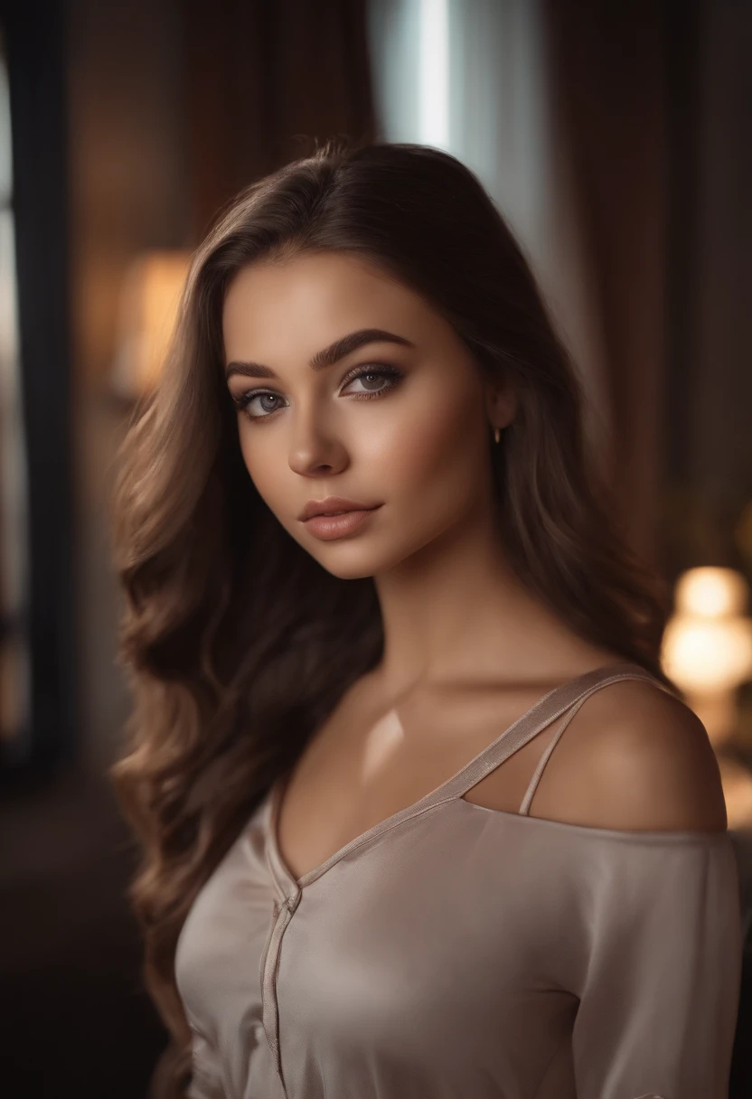 Arafed woman in full , Sexy girl with brown eyes, ultra realistis, Meticulous detail, portrait sophie mudd, brown hair and large eyes, selfie of a young woman, Dubai's Eyes, violet myers, no makeup, natural makeup, looking straight at camera, face with artgram, fine makeup, Stunning full-length shot, kneeling on the bed, in bedroom, Medium to large size bust