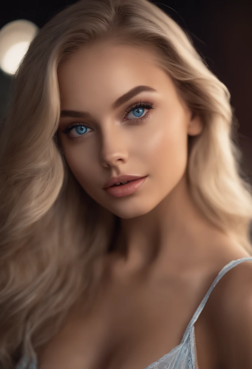 Sexy girl with blue eyes, ultra-realistic, meticulously detailed, portrait Sophie Mudd, blonde hair and large eyes, selfie of a young woman, violet myers, without makeup, natural makeup, face with artgram, subtle makeup, stunning full body shot in night club, medium to large size bust, blonde