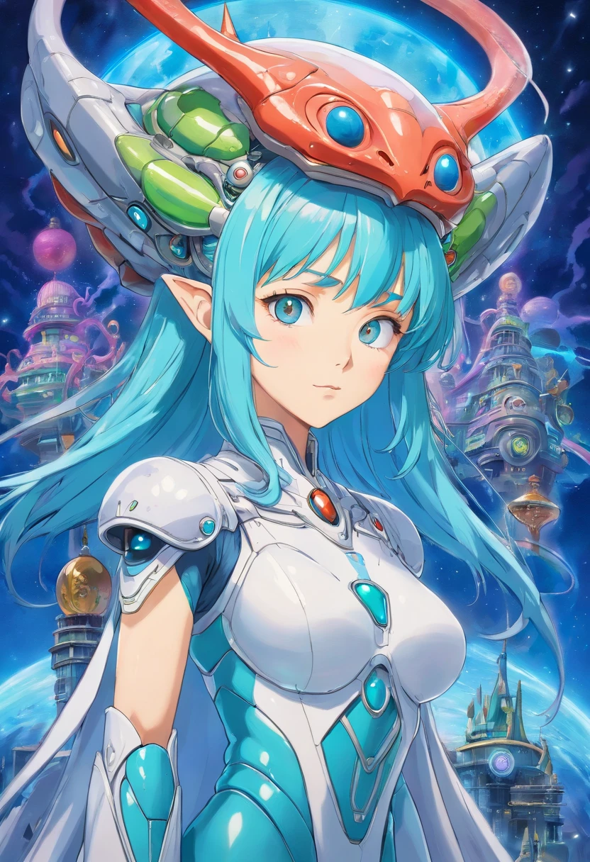 Rainha Alien Xyra, It has a high-tech appearance, com uma pele prateada. His eyes are big and luminous, emitindo uma luz azul intensa. Xyra usa um traje real exuberante, Filled with intricate details and technological embellishments.