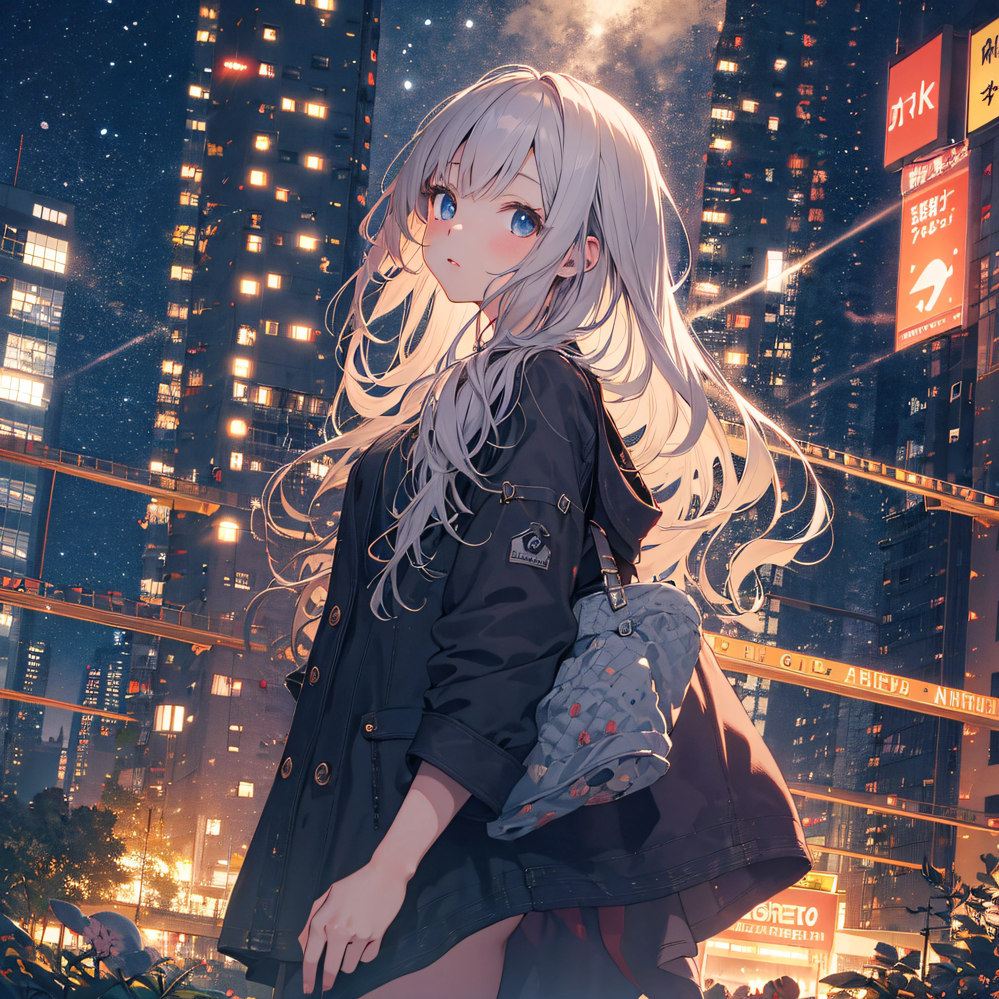 ultra detailed game CG, (High resolution:1.1),(absurderes:1.1), 1girl in,  Girl, Solo, Simple Anime, nightcity, Overlooking the night view from a height