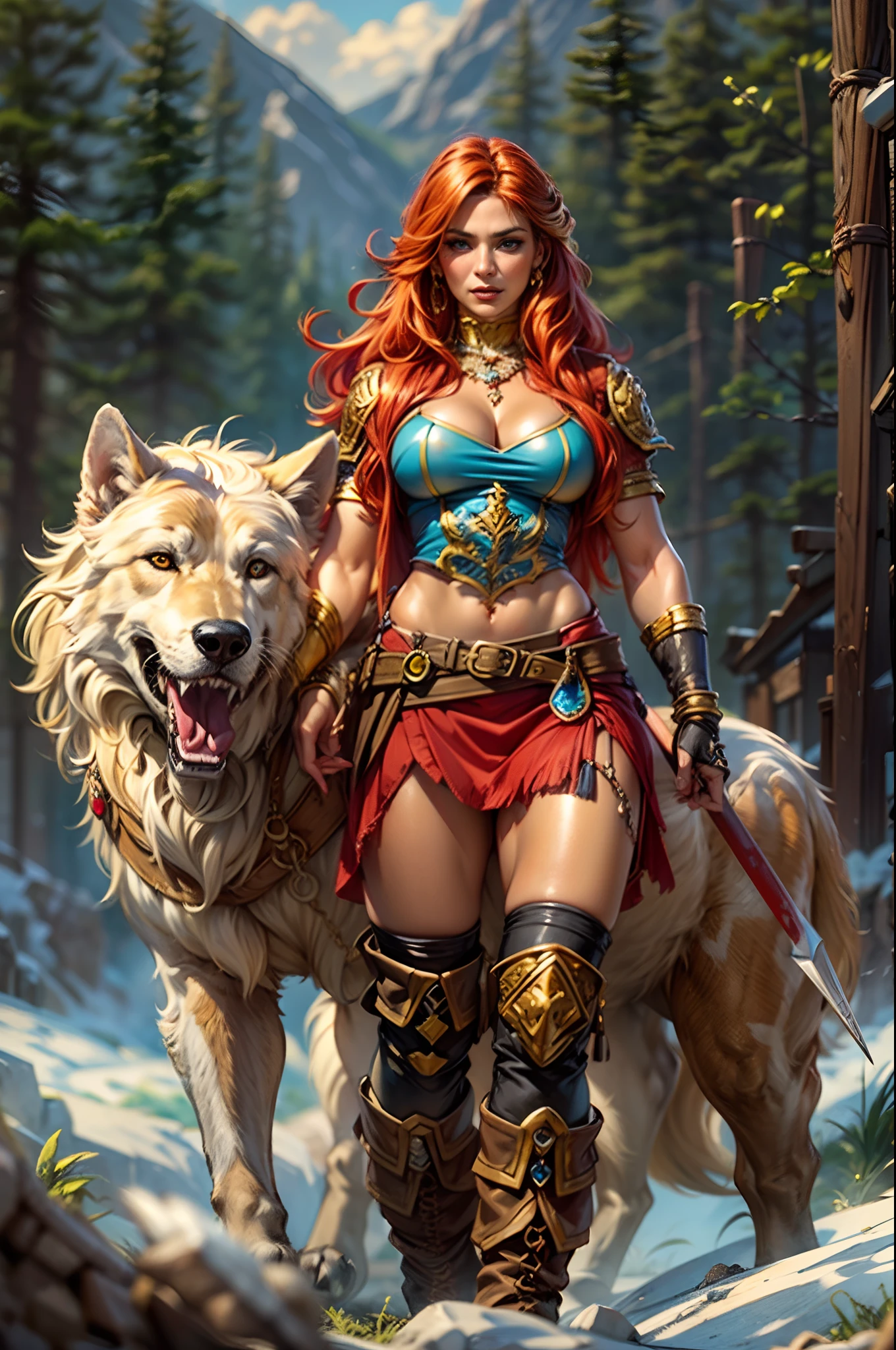 (best quality,ultra-detailed),(realistic:1.37),scene:sexy muscled female barbarian,red long hair,sexy barbarian outfit,six packs,detailed clothes,riding big wolf,scouting plain nearby,medium:oil painting,material:fine canvas,additional details:gorgeous golden accessories,jewelry,leather boots,wolf has piercing blue eyes and sharp teeth,art style:fantasy,colors:rich and vibrant,lighting:soft golden sunlight