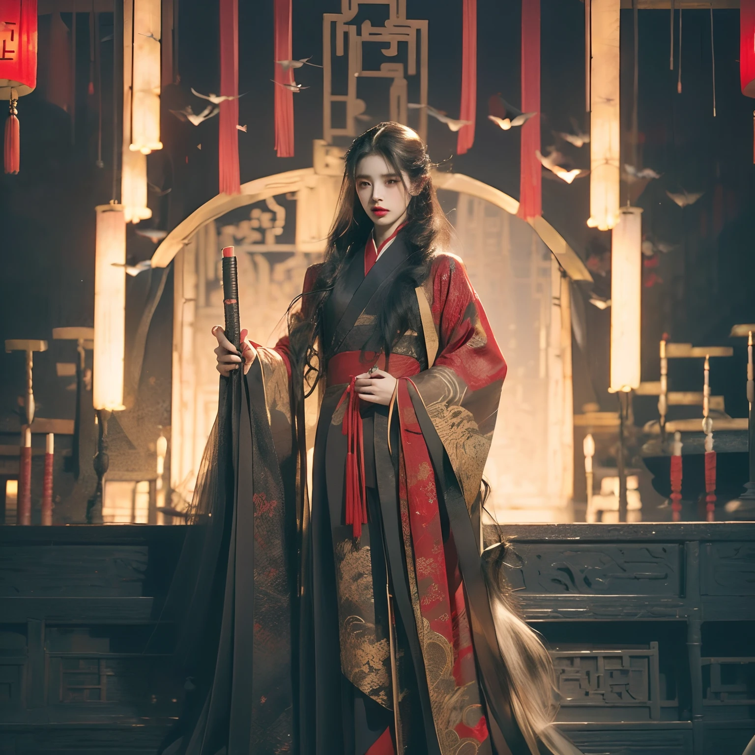 Draw a young boy in a period costume with long black hair，Full body photo of the front，He wears a black and red wide-sleeved Chinese suit，The Hanfu skirt has a golden plant bamboo pattern，Hanfu covers your feet，Young faces，Dark red eyes，Evil-looking, but cute and lively。The main colors of the picture are black and red