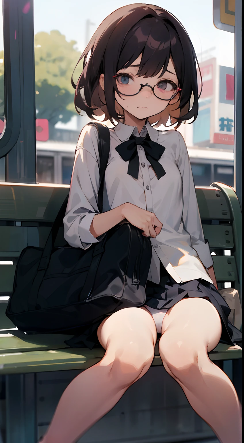 fullnude、Taking off your blouse、Sitting on a bench at an unpopular covered bus stop at night、A girl child、Carrying a pink school bag、Anxious and embarrassed face、A dark-haired、eye glass、Open legs、small tits、teats、Manstreak、Angle from below、Looking at the camera、not any dressed、Undressing、A girl is nearby、White wet panties