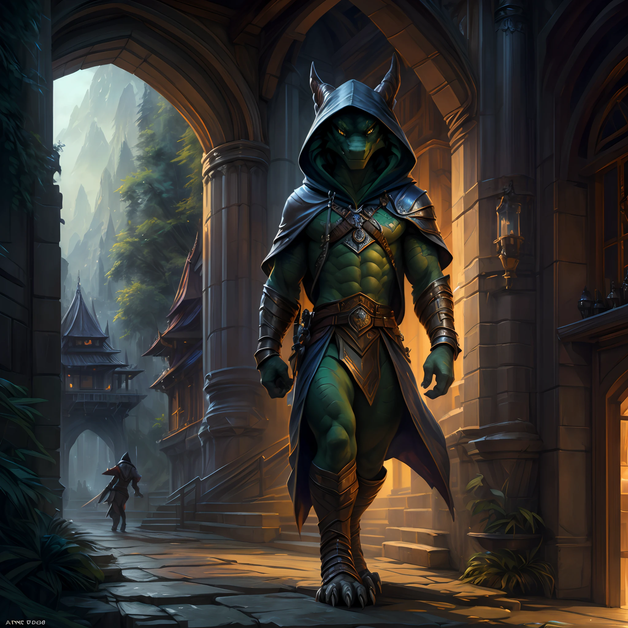 (best quality,4k,8k,highres,masterpiece:1.2),ultra-detailed,(solo), anthro dragon hero, jade scalies, silver eyes, hooded, sword behind his back, walking on top of the wall of night fantasy town, by Ross Tran, Kenket, Bonifasko, Ruan Jia, Foxovh, Averi, Chunie