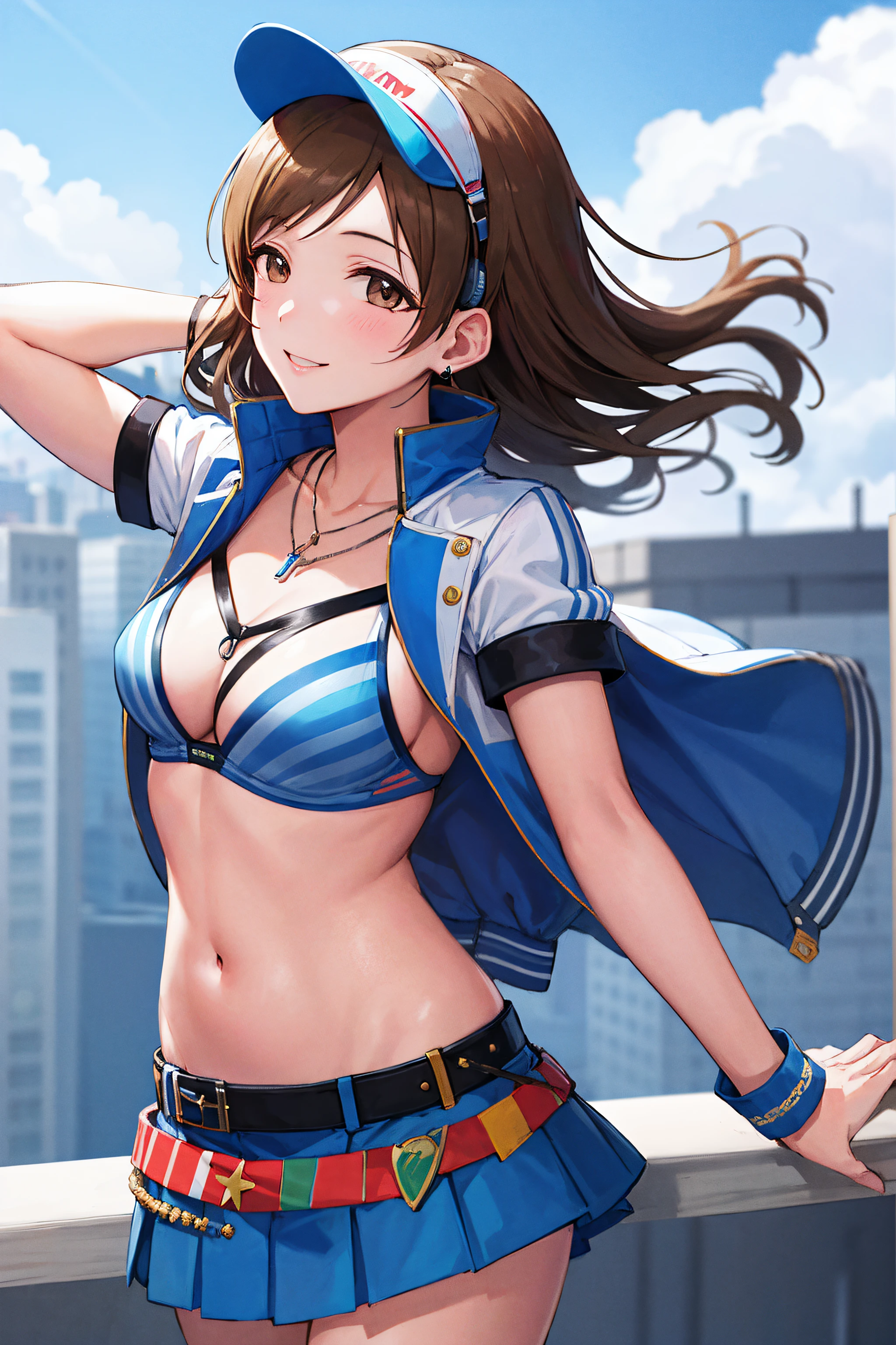 masterpiece, best quality, highres, aanitta, long hair, visor cap, headset, medium breasts, necklace, jewelry, blue bikini, striped, white jacket, open clothes, short sleeves, wristband, blue skirt, pleated skirt, idolmaster, cowboy shot, standing, smile, blue sky, arms at sides, straight-on,