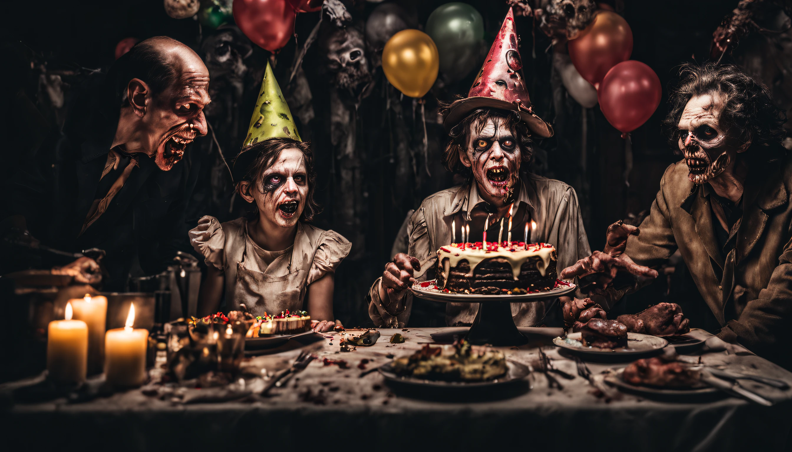 A spooky zombie birthday party with multiple guests .Verschiedene Szenen.A zombie wearing a party hat blows out the candles of a disgusting birthday cake.Geschenke und Party asscessoirs sind alt dreckig und verottet,A zombie laughs wickedly at the camera,sehr detailliert,fotorealistisch,In einem heruntergekommenden Haus,creepy atmosphere,inspiriert von Guillermo del Toro,filmisch