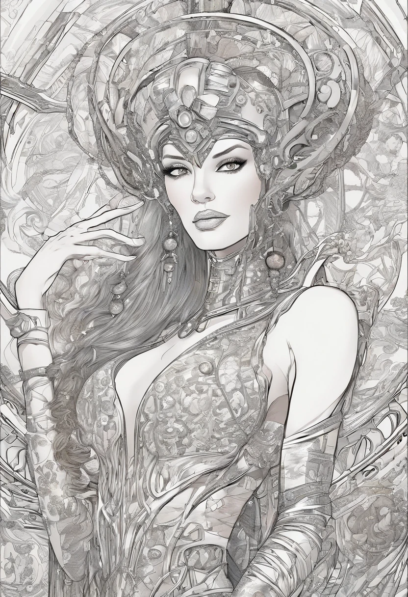 Rainha Alien Xyra, It has a high-tech appearance, com uma pele cinzenta. His eyes are big and luminous, emitindo uma luz azul intensa. Xyra usa um traje real exuberante, Filled with intricate details and technological embellishments.