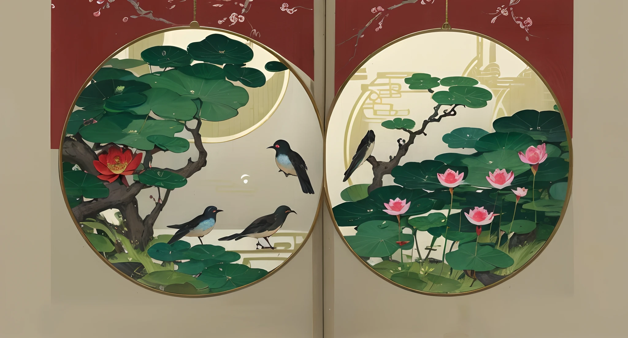 music album art:Jade ornaments,smog,themoon,lotuses,Birds of wings,Even the branches,fan(No characters,Pure scenery,Chinese feng ink painting)