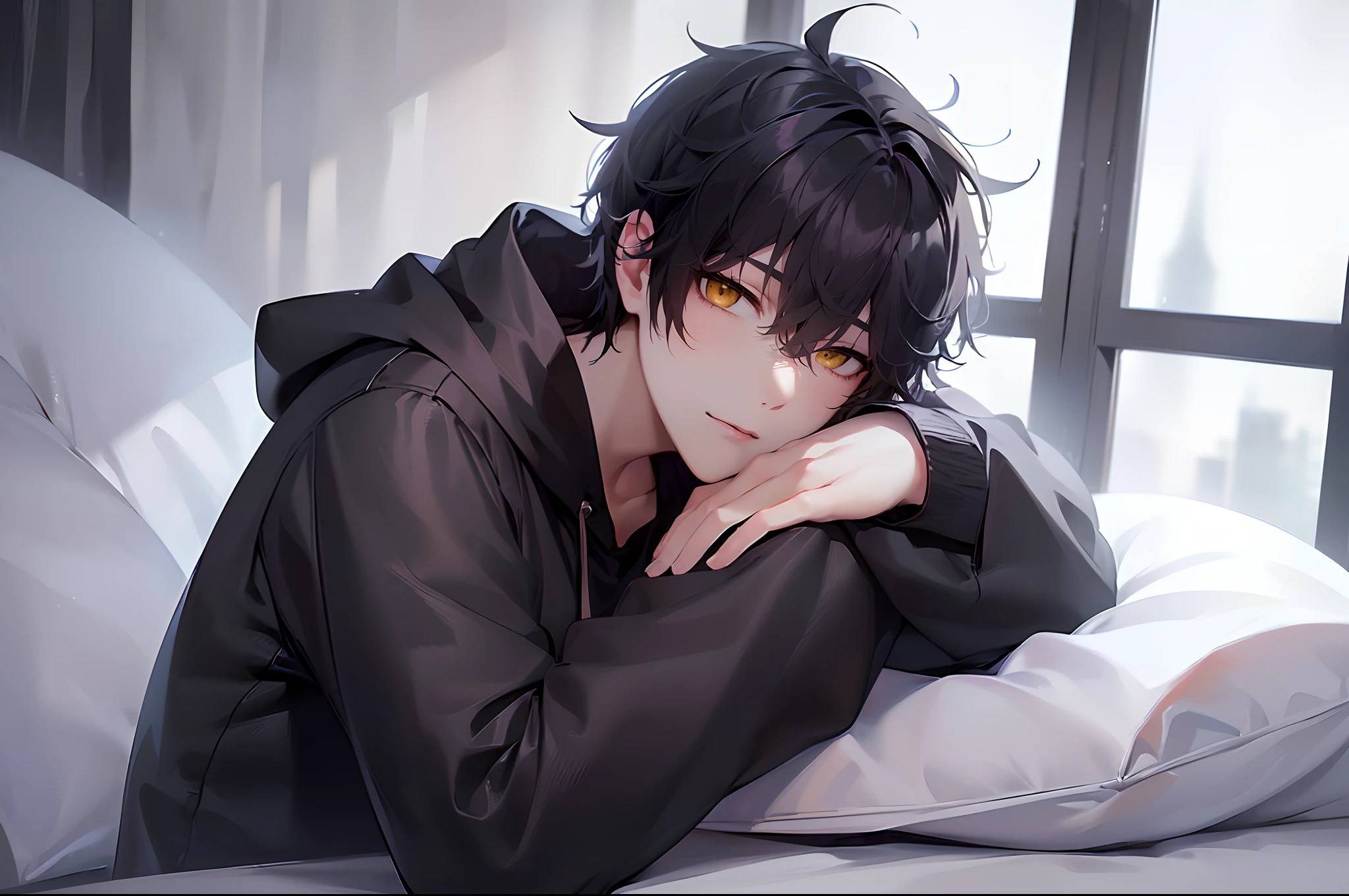 (4K works))、​masterpiece、(top-quality)、((Late night bedroom))、mid night、In the bedroom of a man at midnight、((Window with a view of the starry sky))、((I can see the dark sky from the window))、((dark ilumination))、Korean Male、Adult male、((Adult male 26 years old))、((Face similar to Hyun Jin))、Cool Men、tall、((Sleepy face))、((Irritated face))、((Strong eyes))、((Wearing a white T-shirt and a black hooded jacket、Wearing long black pants))、((Wear a black mask))、((smaller face))、Slim body、((lying down with your head on the pillow))、((hooligan))、((Black black hair))、((Yellow eyes))、((shot from a side angle))、((lying on one's side))、((Shot alone))、((Solo Photography))