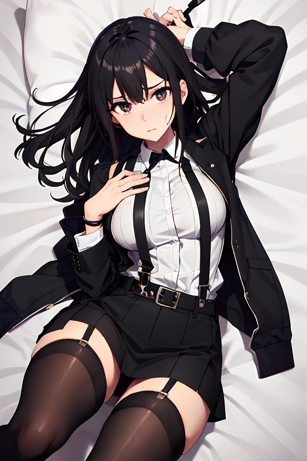 ,Belt bag,Suspenders Black Miniskirt garterbelts knee high Stockings Black Niso Colorcon armpit sweat perspiring Side of both hands,Black jacket,Gaze,ample bosom,Armpit sweat,Exposing the armpits"Tight clothes、Cuffed、wristbands Lie on the bed with your hands up