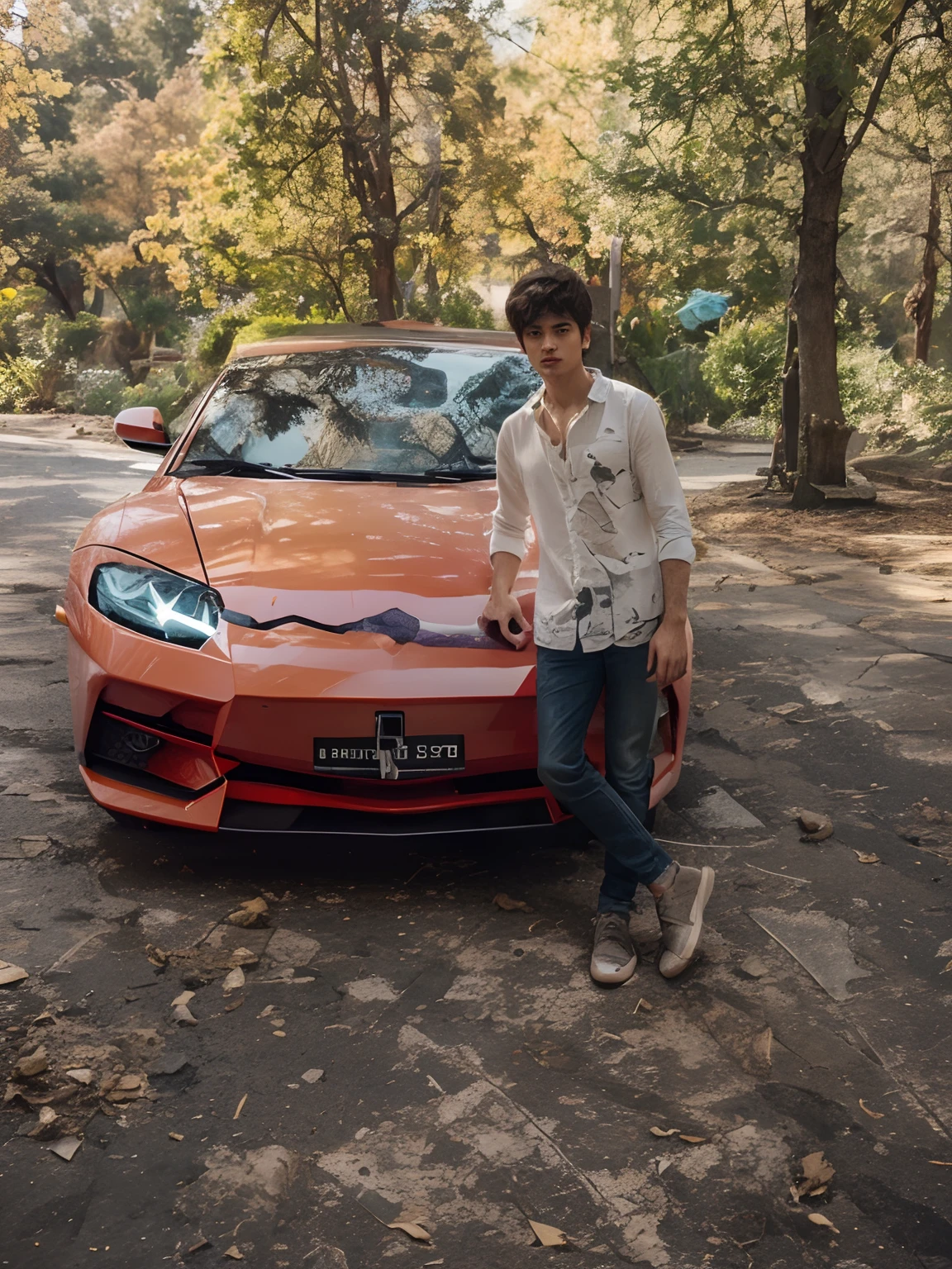 Change background, car as Lamborghini, stylish boy, realistic face, same body, 8k