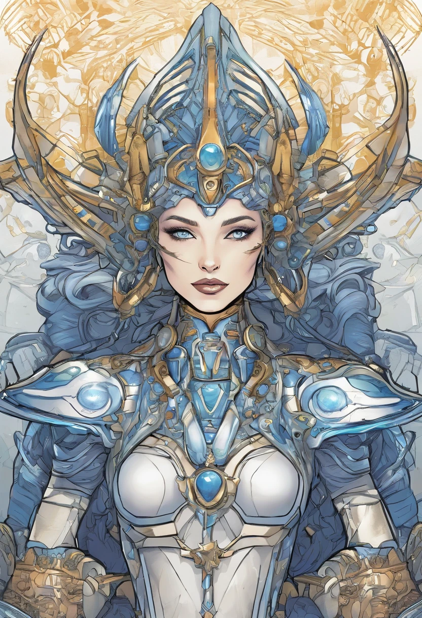 Alien Queen Xyra, she has a highly technological appearance, with gray skin. Her eyes are large and luminous, emitting an intense blue light. Xyra wears an exuberant royal costume, filled with intricate details and technological embellishments.