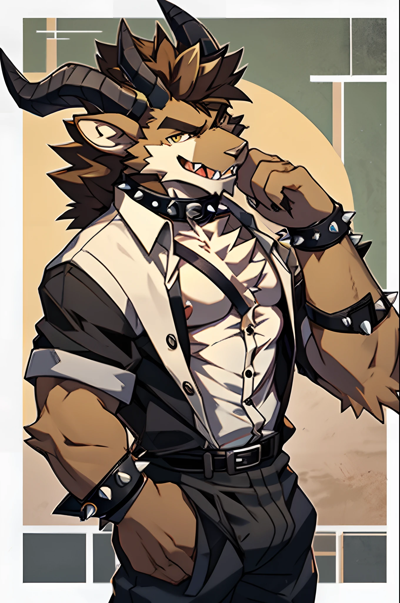 a tan goat boy fluffy, with a black spike collar, horns but one horn is half, brown anime like hair, wearing a yellow button up shirt it is buttoned up, spike black arm cuffs, chest strap, 1 sharp tooth, giant cock naked