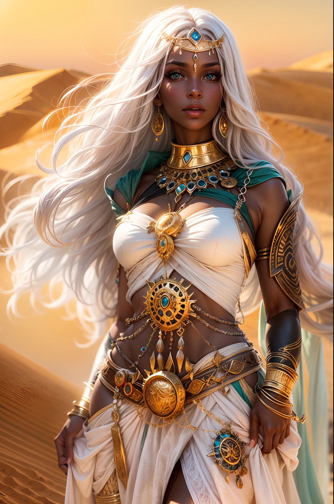 image of a black skin and white hair female enchantress, sexy fantasy clothes, ancient fantasy Egyth style, luxury jewelry, super sexy and hot, on a desert, charming gaze, full body,art style:fantasy,colors:rich and vibrant,lighting:soft golden sunlight