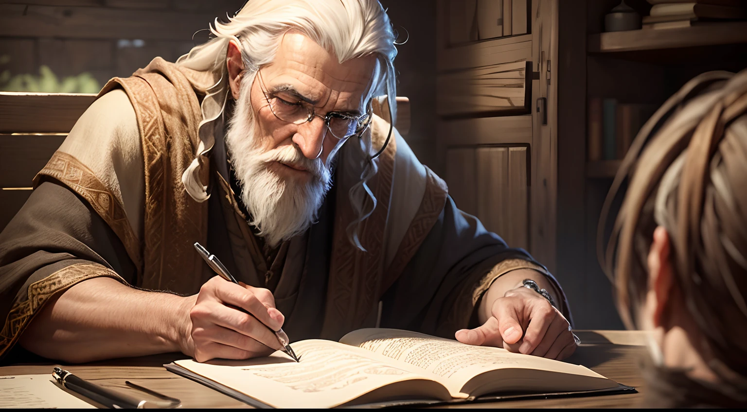 Develop an ultra-realistic image of an Old Testament prophet in a moment of reflection, Imagine him writing a scroll in a rustic setting..