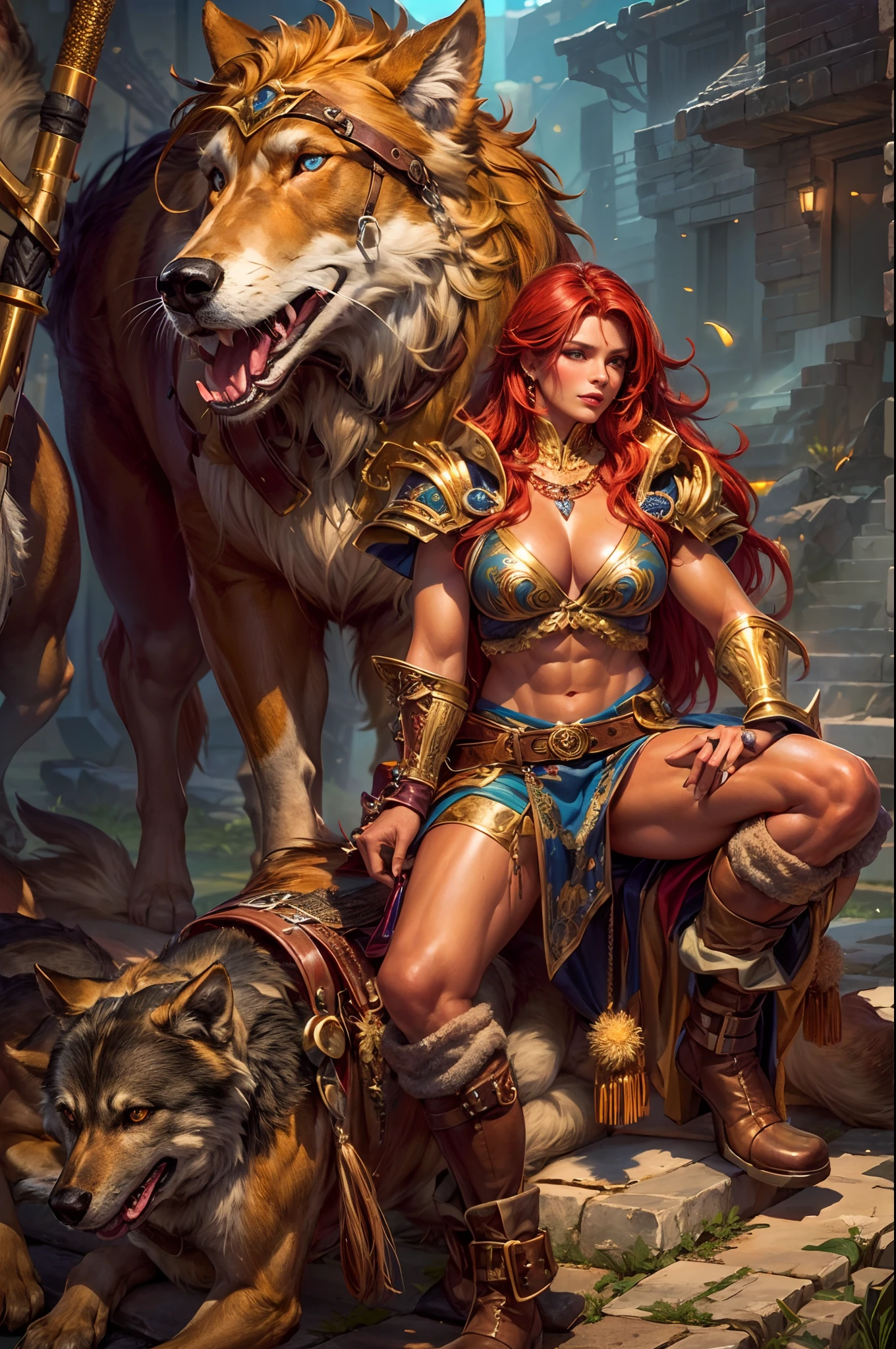 (best quality,ultra-detailed),(realistic:1.37),scene:sexy muscled female barbarian,red long hair,sexy barbarian outfit,six packs,detailed clothes,riding big wolf,scouting plain nearby,medium:oil painting,material:fine canvas,additional details:gorgeous golden accessories,jewelry,leather boots,wolf has piercing blue eyes and sharp teeth,art style:fantasy,colors:rich and vibrant,lighting:soft golden sunlight