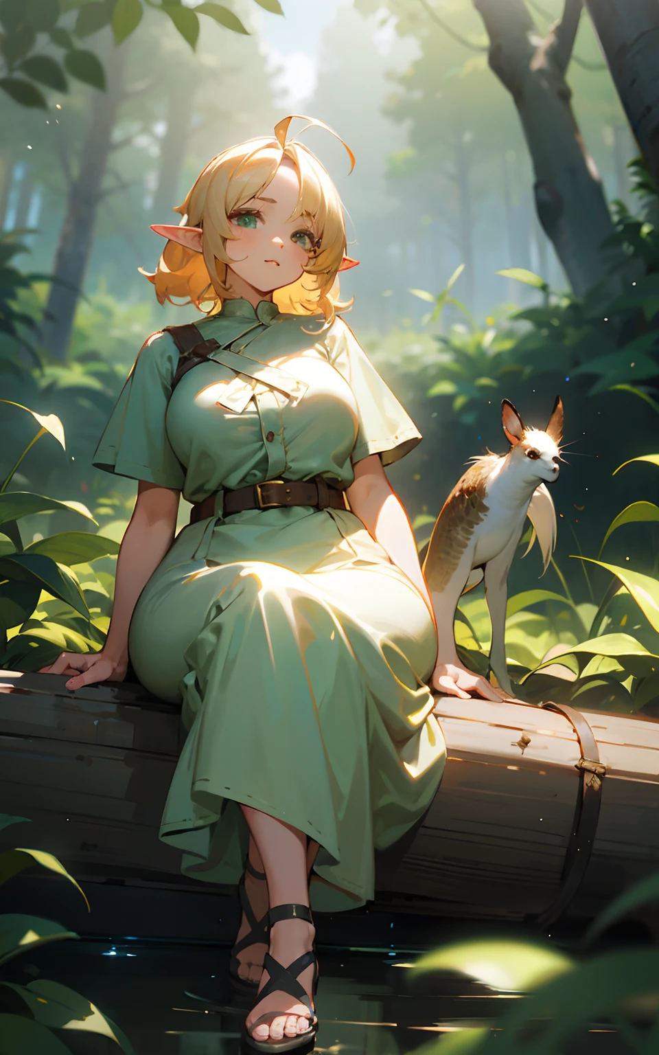(Original Character、Unity 16K Wallpaper, masutepiece, Best Quality, Ultra-detailed, extremely details CG, Caustics, Cinematic lighting, Detailed, Beautiful detailed eyes, Solo、Oily skin), Ultra High Resolution, Fine skin, (elf, Plump), (strong lights)、((Brighten the subject))、Cute Elf、big breasts、valley、de pele branca、green colored eyes、Blonde short wavy hair、Ahoge、Revealing green long dress、White Carp、Brown sandals、in woods、