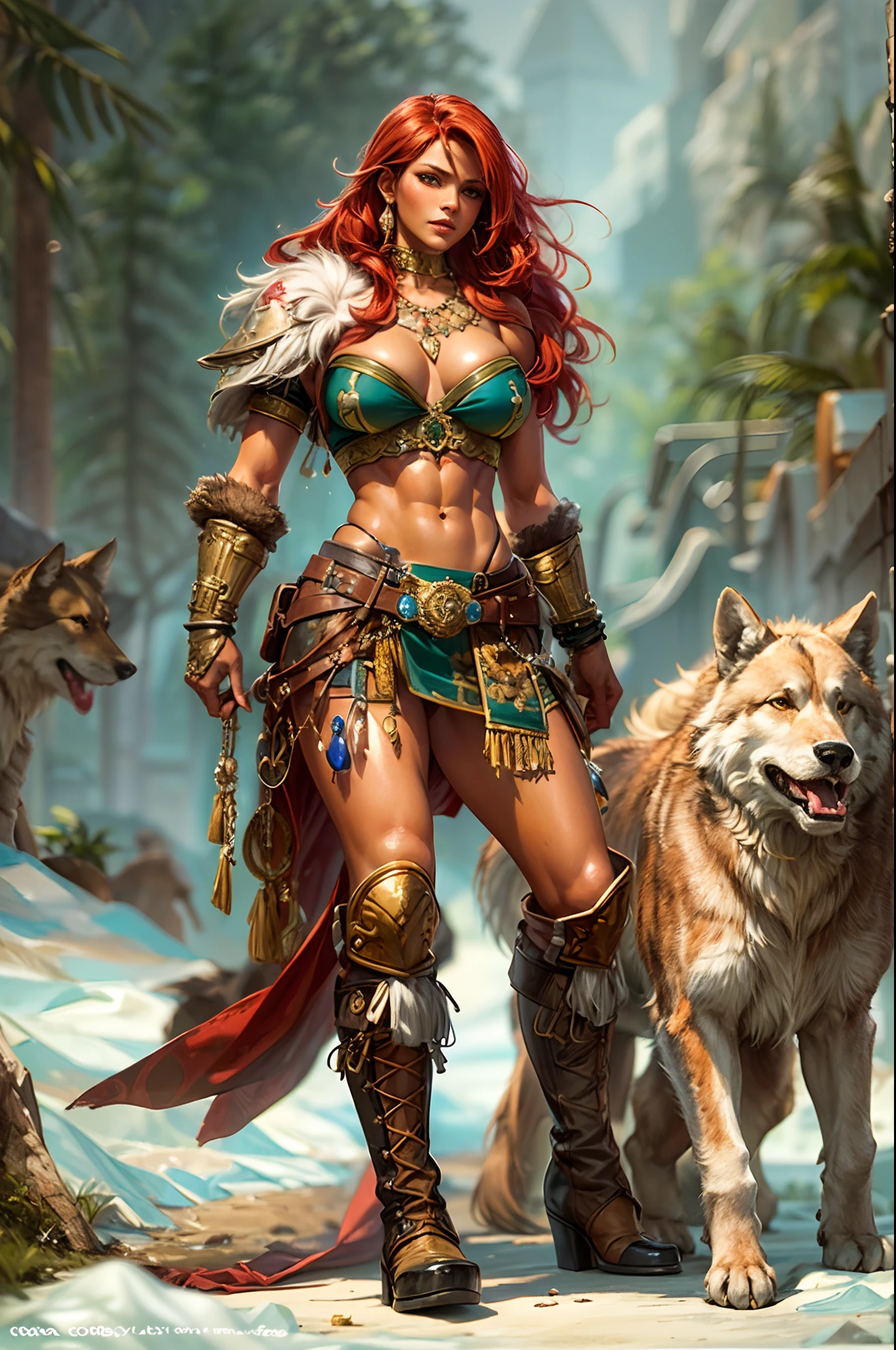 (best quality,ultra-detailed),(realistic:1.37),scene:sexy muscled female barbarian,red long hair,sexy barbarian outfit,six packs,detailed clothes,riding big wolf,scouting plain nearby,medium:oil painting,material:fine canvas,additional details:gorgeous golden accessories,jewelry,leather boots,wolf has piercing blue eyes and sharp teeth,art style:fantasy,colors:rich and vibrant,lighting:soft golden sunlight