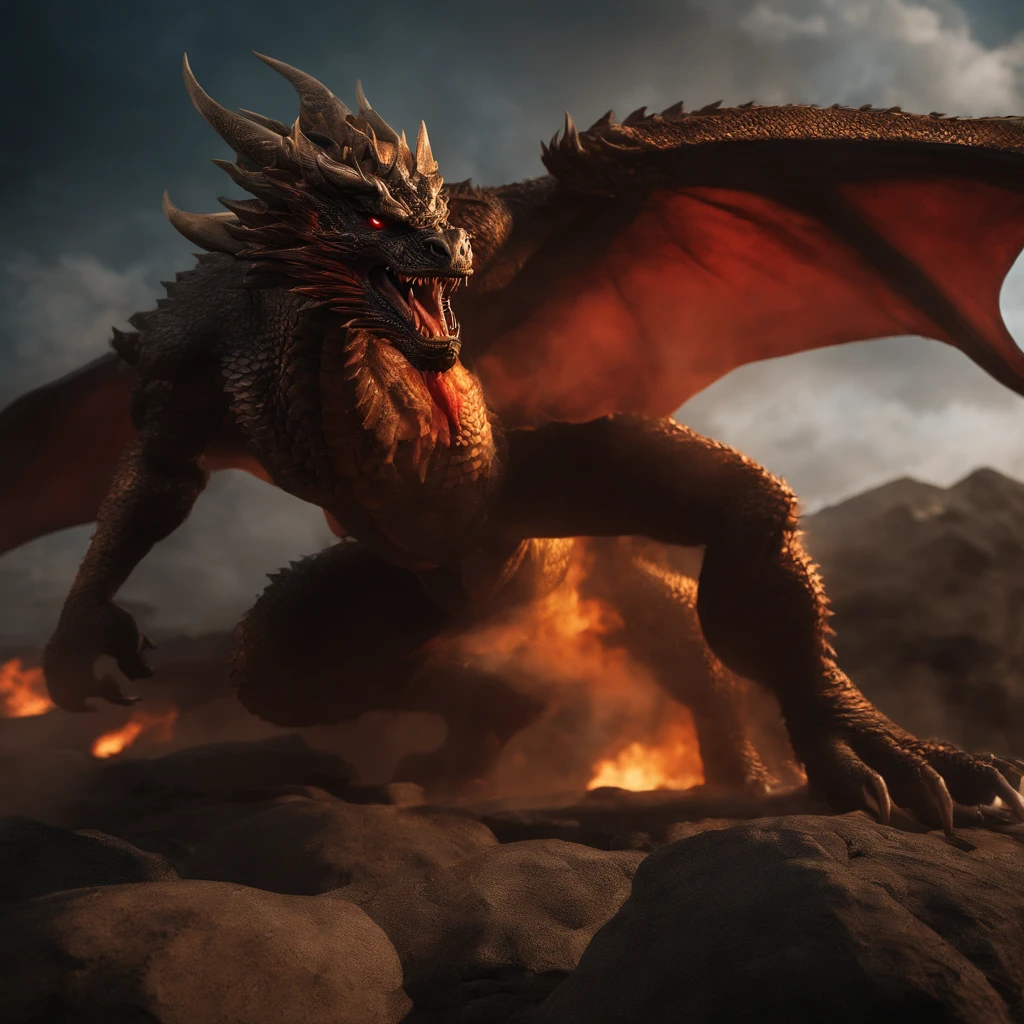 Tenryu Dourado,Rough red eyes,Close-up release of fire blood from the nose,Chest scales,alta qualidade,8k,muitos detalhes,Infelizmente,4 pernas,Garras manchadas,Ouro,Perigos,fires,dentes pontiagudos,big dragon,imensidade,Threatening,imponente