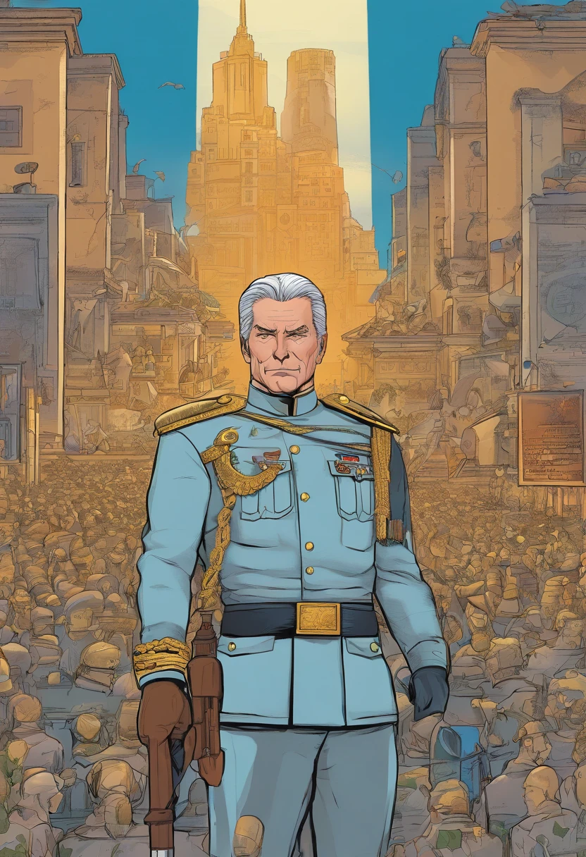 Human General Samuel Drakon, Homem, Ele usa um uniforme militar elegante e bem ajustado, com tons de azul e dourado, symbolizing human diplomacy and strategy. Her gray hair is cut short, e ele tem uma barba bem cuidada.