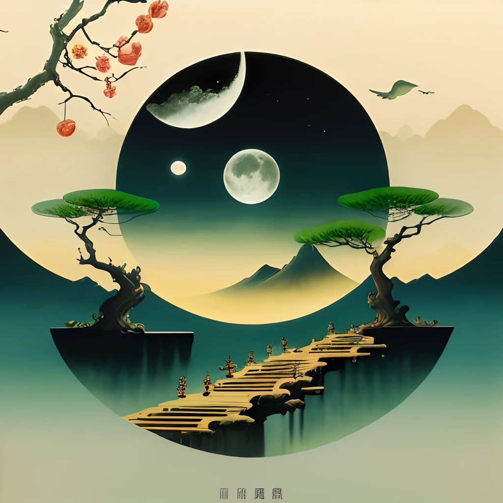 music album art：Jade ornaments，smog，themoon，lotuses，Birds of wings，tree branch（No characters，Pure scenery，Postmodern style，Tradition Chinese Ink Painting）