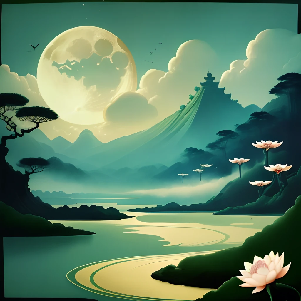music album art:Jade ornaments,smog,themoon,lotuses,Birds of wings,tree branch(No characters,Pure scenery,Postmodern style,Tradition Chinese Ink Painting)