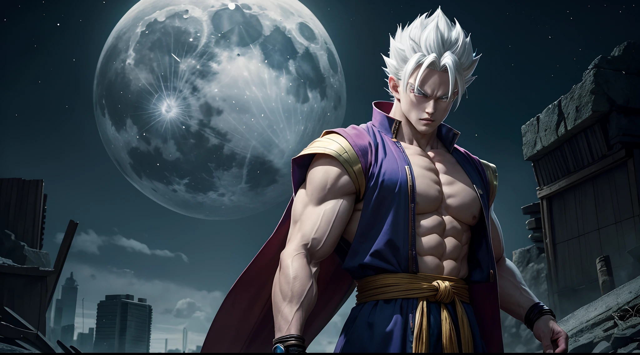 Gohan the 5, 20 year old super sayagin with pale skin is a true masterpiece of male beauty, anatomically perfect from a modern man standing tall in an abandoned haunted city . The moonlight highlighted his scars. The landscape is lush and mysterious, with a dark city. Next site. The camera details everything. When looking into beautiful eyes, having sexy eyes will attract the opposite person. His eyes are facing the viewer, you can clearly see every small detail, every perfect line, every detail of beautiful skin in 8K quality, everyone is captivated by the confidence emanating from him. he. glance. His head has white hair and his face is meticulously detailed using 8K quality images. Is a character in the Dragon Ball Seven series. gliulian art style, highly detailed official artwork, jin shan, official art