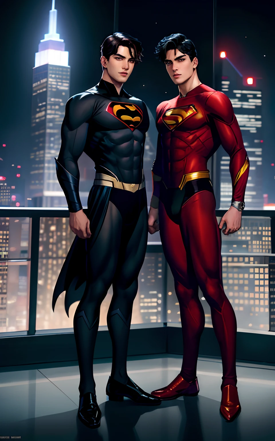 Teen male Superman and teen male Batman standing together。The teenage superman wears a white tights and red panties。Batman, a teenage male, wears black panties and black socks。In the skyscrapers at night。full body shot shot。