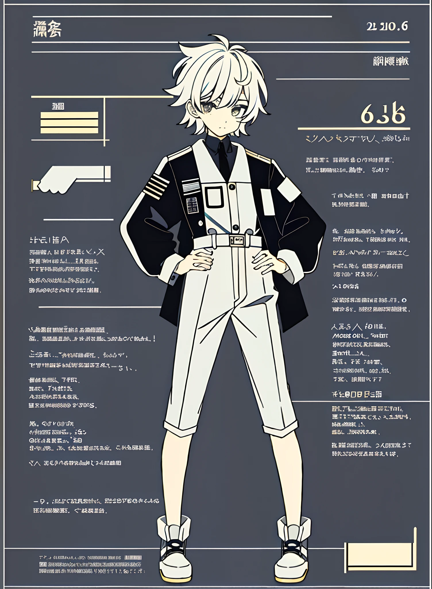 full body,(infographic:1.2), a nonbinary person, work uniform, bored expression, fluffy short hair, hand on hip pose, patent drawings, physical measurement, (all clothes configuration:1.15), (solo), standing, cohesive background, (character sheet:1.2), (masterpiece), ((best quality)), (ultra-detailed), detailed background, flat colours, colorful, (1other:1.1), tachi-e，