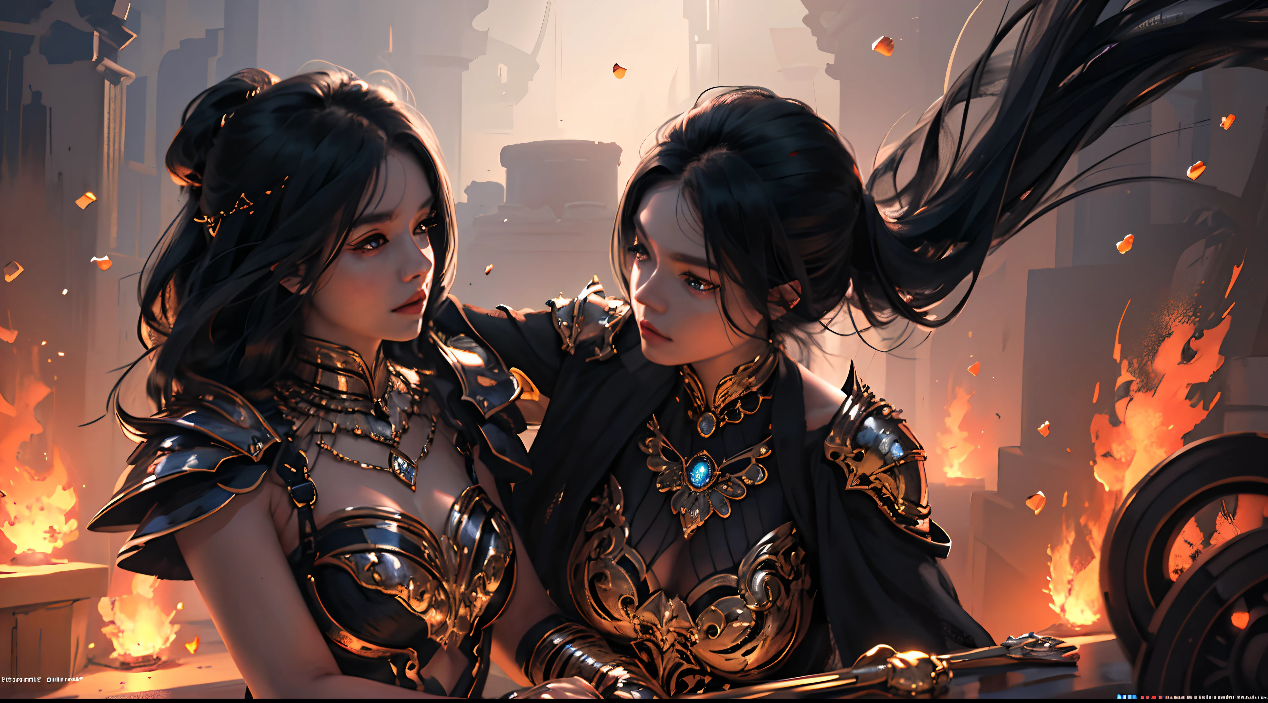 official art, unity 8k wallpaper, ultra detailed, masterpiece, best quality, 1 woman, (extremely detailed), dynamic angle, Mysterious expression, fire sparkle effect, fantasy background, rim lighting, side lighting, cinematic light, ultra high res, 8k uhd, film grain,best shadow, delicate, RAW, light particles, detailed skin texture, detailed armor texture, detailed face, intricate details, ultra detailed, bright, (realistic), ((black hair)), very glowing blue eyes, curvy