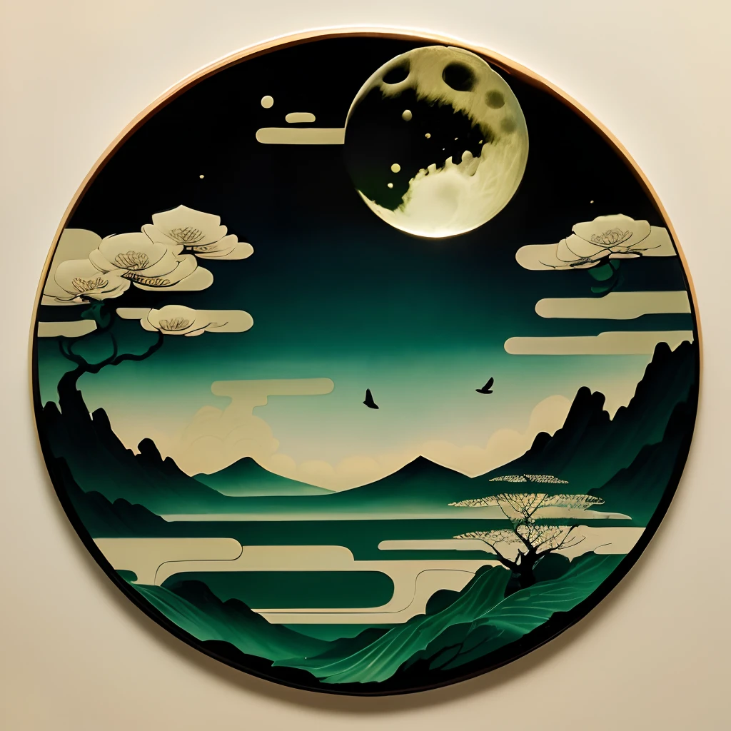 music album art:Jade ornaments,smog,themoon,lotuses,Birds of wings,tree branch(No characters,Pure scenery,Postmodern style,Tradition Chinese Ink Painting)