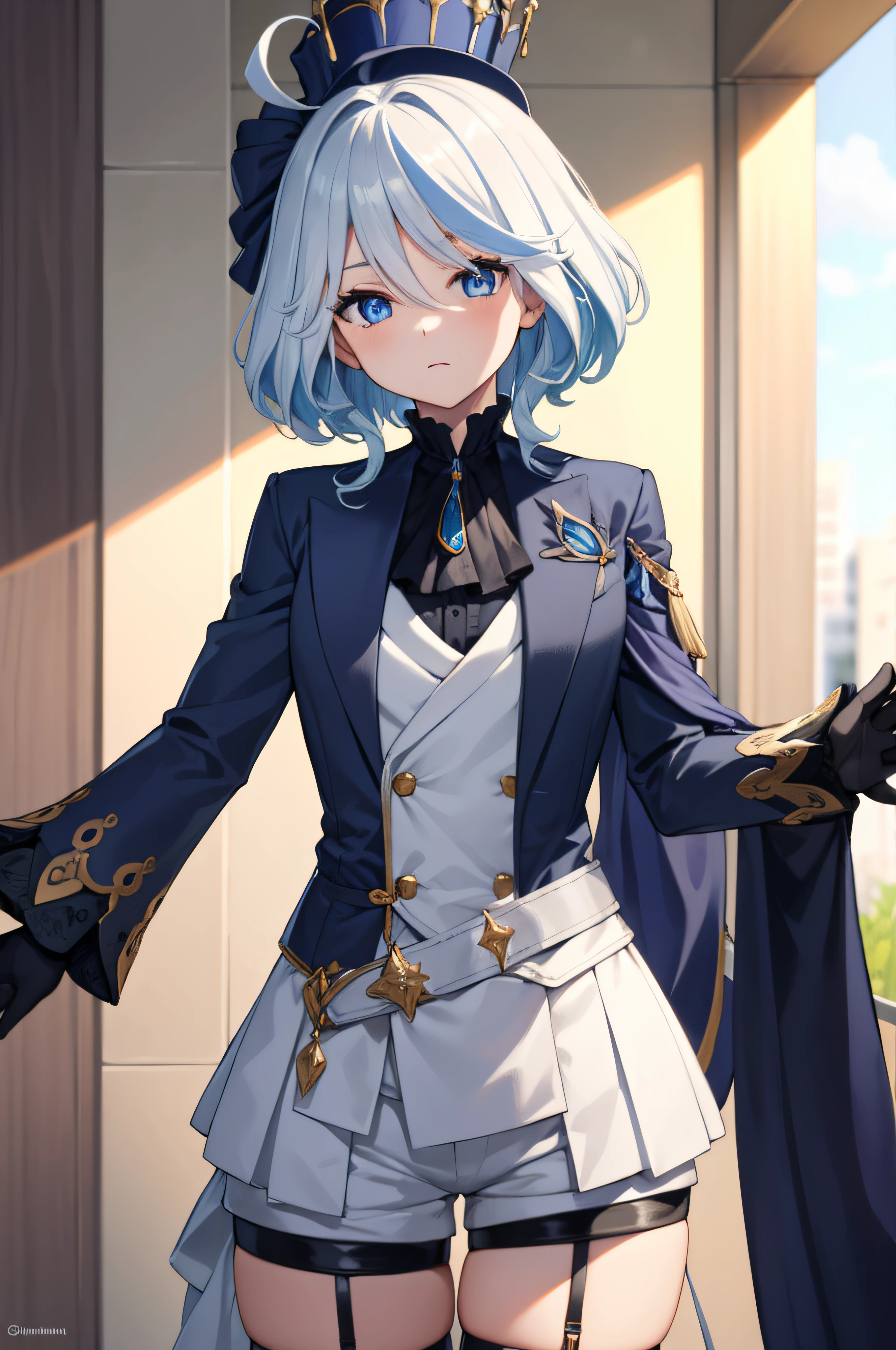 furina, furina, blue eyes, blue hair, cowlick, ahoge, hair over one eye, light blue hair, short hair,
BREAK asymmetrical gloves, black gloves, frills, gloves, half gloves, hat, shorts, tailcoat, thigh strap, top hat, white gloves, white shorts,
BREAK looking at viewer,
BREAK indoors,
BREAK (masterpiece:1.2), best quality, high resolution, unity 8k wallpaper, (illustration:0.8), (beautiful detailed eyes:1.6), extremely detailed face, perfect lighting, extremely detailed CG, (perfect hands, perfect anatomy),